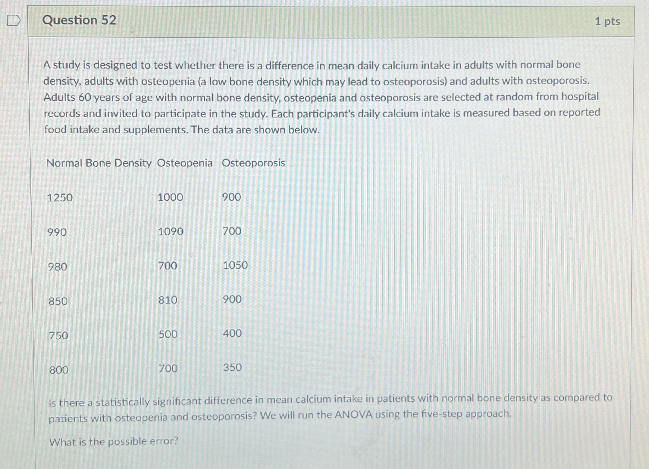Question 52 Question 52 1 pts A study is designed to test