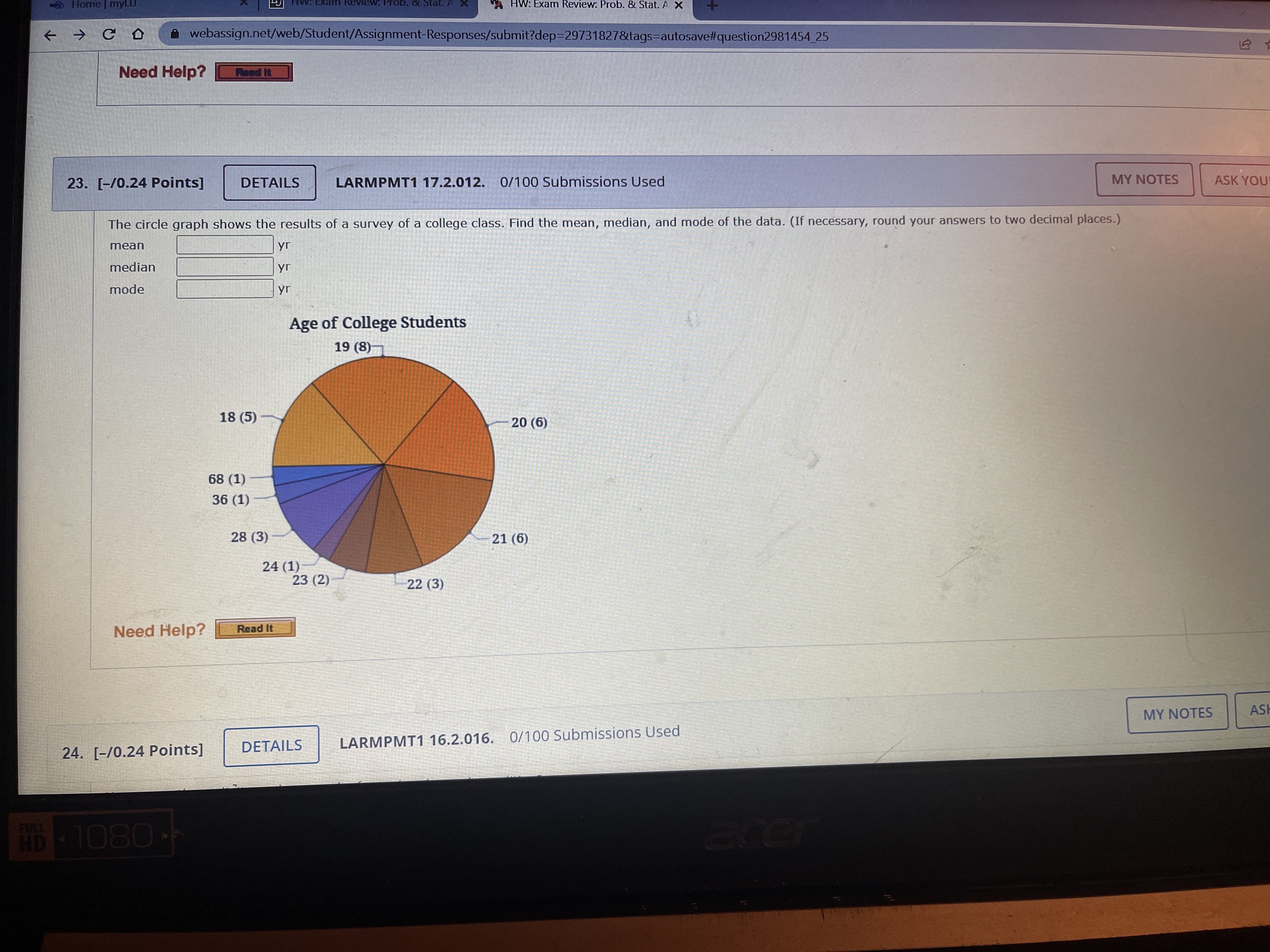 Home I myLU C O webassign.net/web/Student/Assignment-Responses/submit?dep HW: Exam Review. Prob. & Stat.