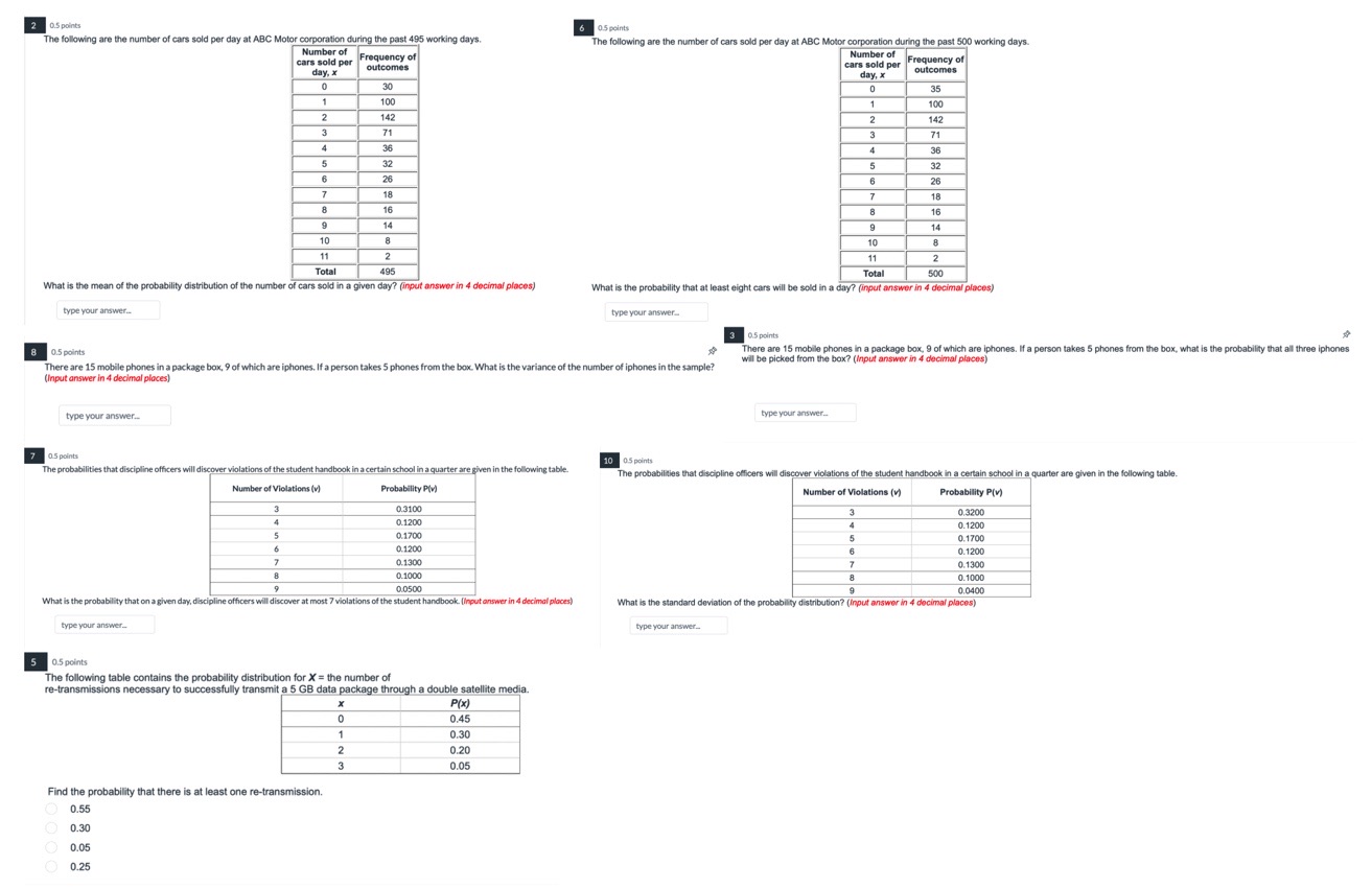 Random Variables and Probability Distribution 0.5 points 6 05 points The following