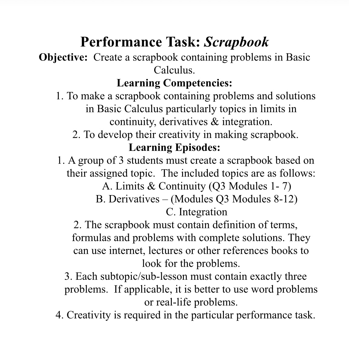  Performance Task: Scrapbook Objective: Create a scrapbook containing problems in Basic
