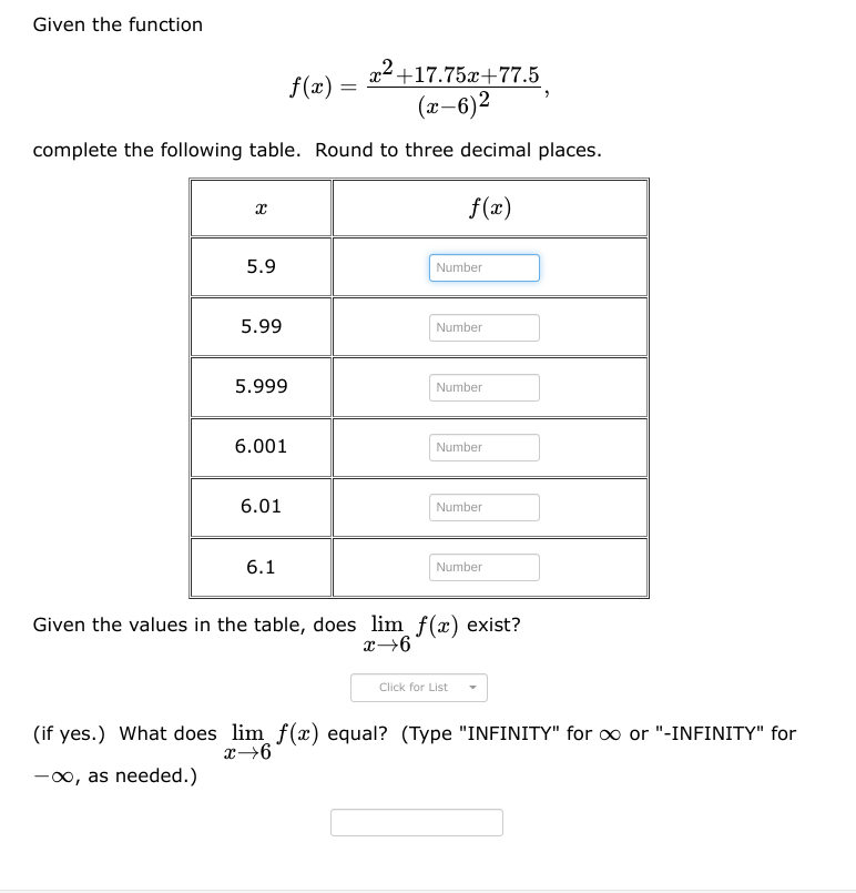 6.001 Number 6.01 Number 6.1 Number Given the values in the table,