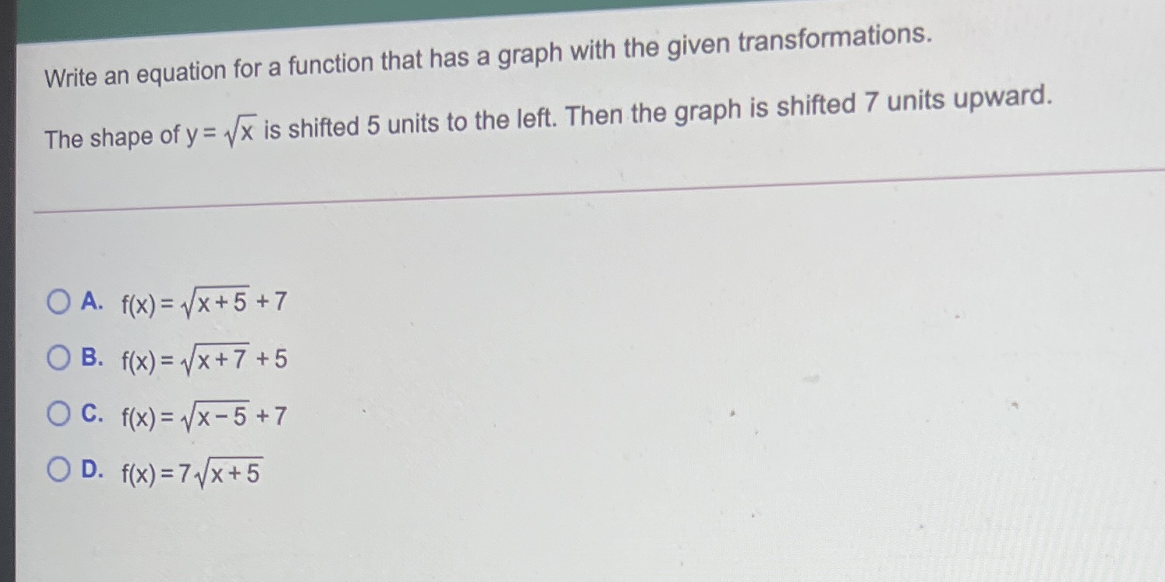 Write an equation for a function that has a graph with