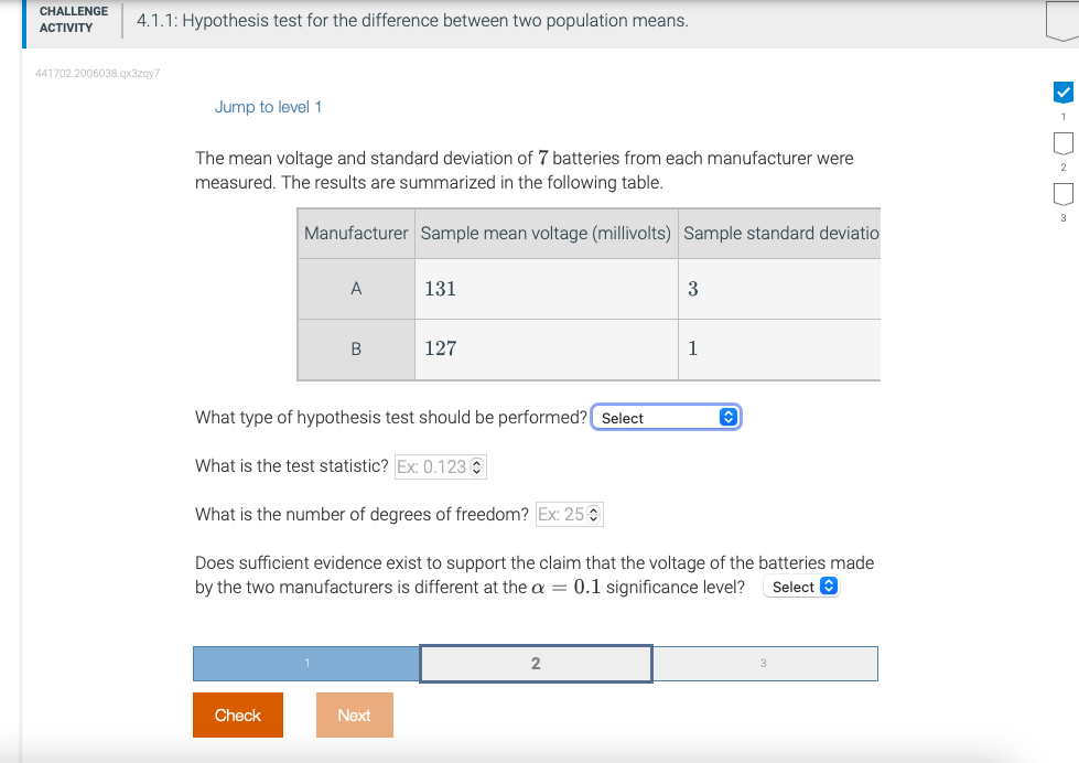  CHALLENGE ACTIVITY 4.1.1: Hypothesis test for the difference between two population