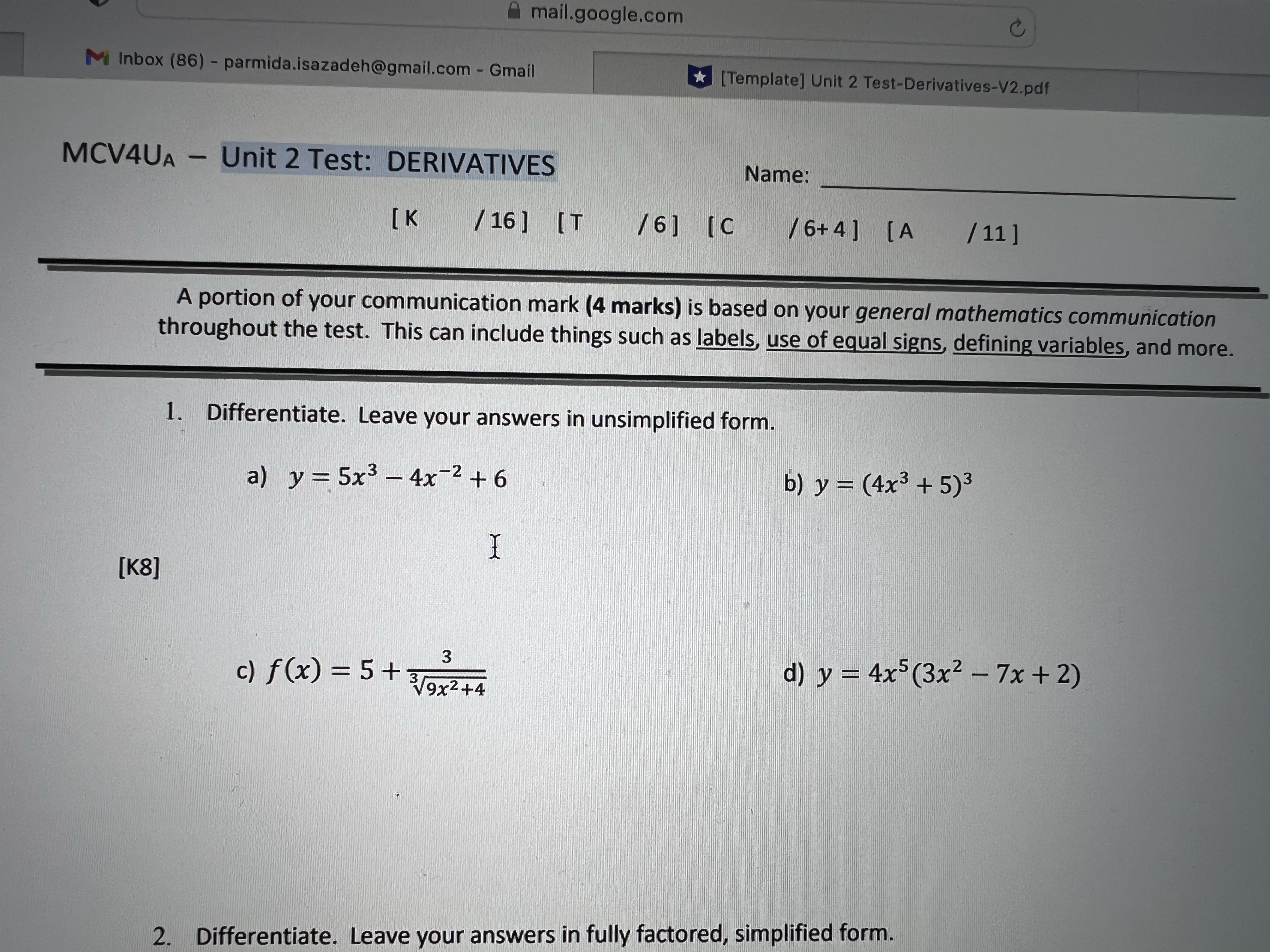 2 Test-Derivatives-V2.pdf MCV4UA - Unit 2 Test: DERIVATIVES Name: [K / 16