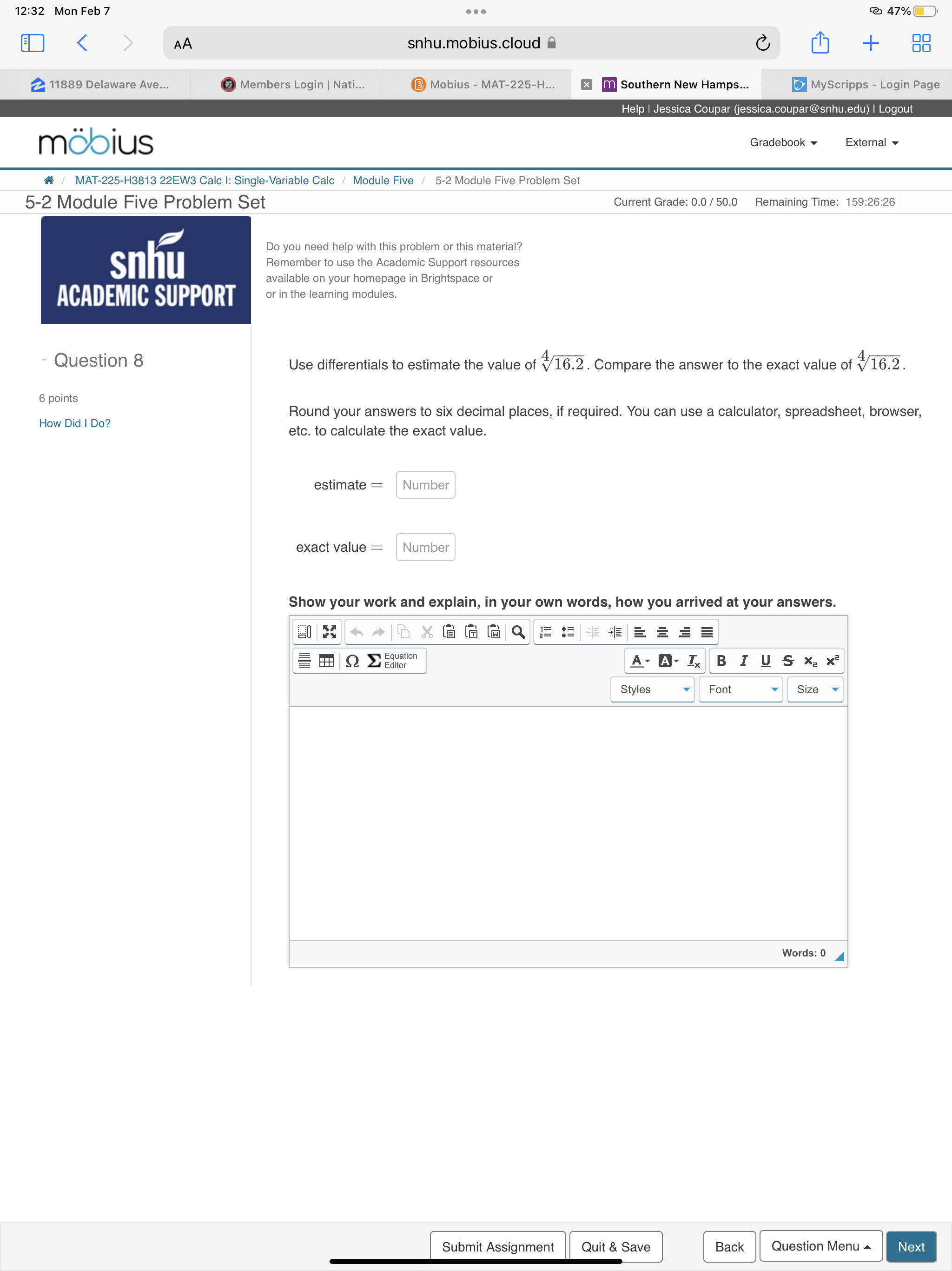 MAT-225-H... Southern New Hamps... Q) 47% oo oo MyScripps - Login Page