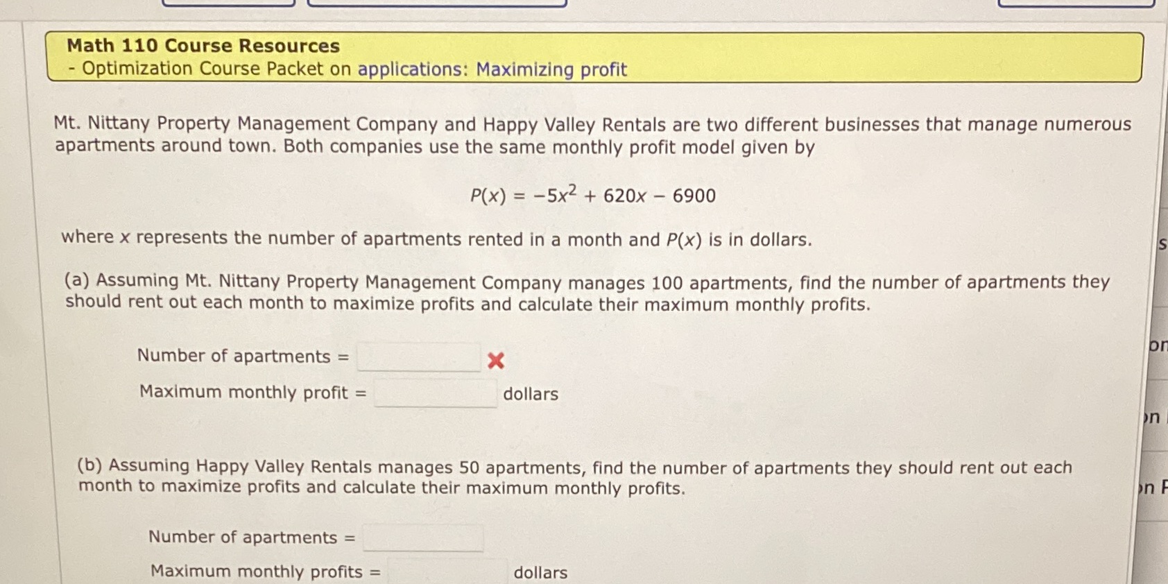  Math 110 Course Resources - Optimization Course Packet on applications: Maximizing