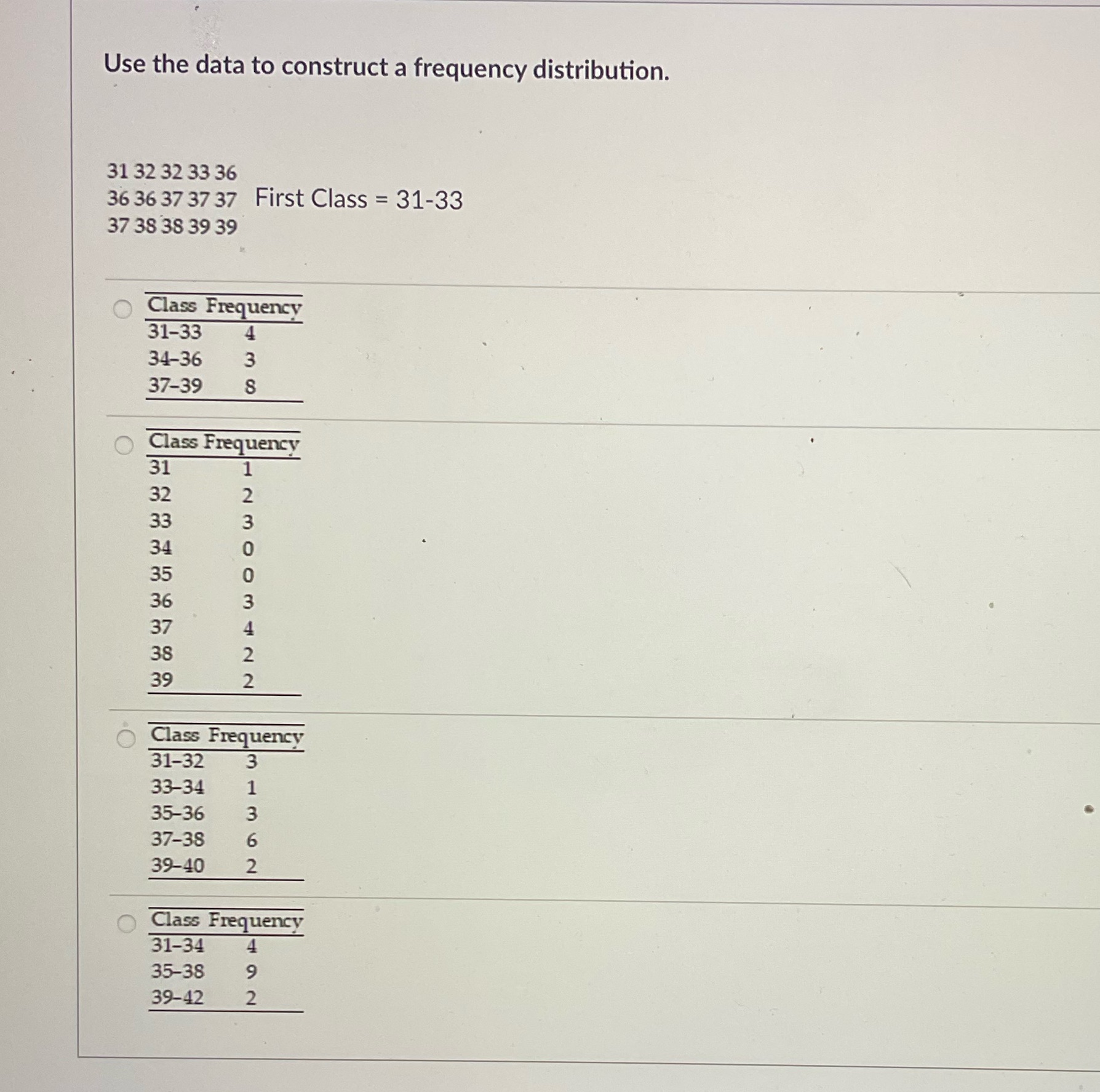 Use the data to construct a frequency distribution. 31 32 32