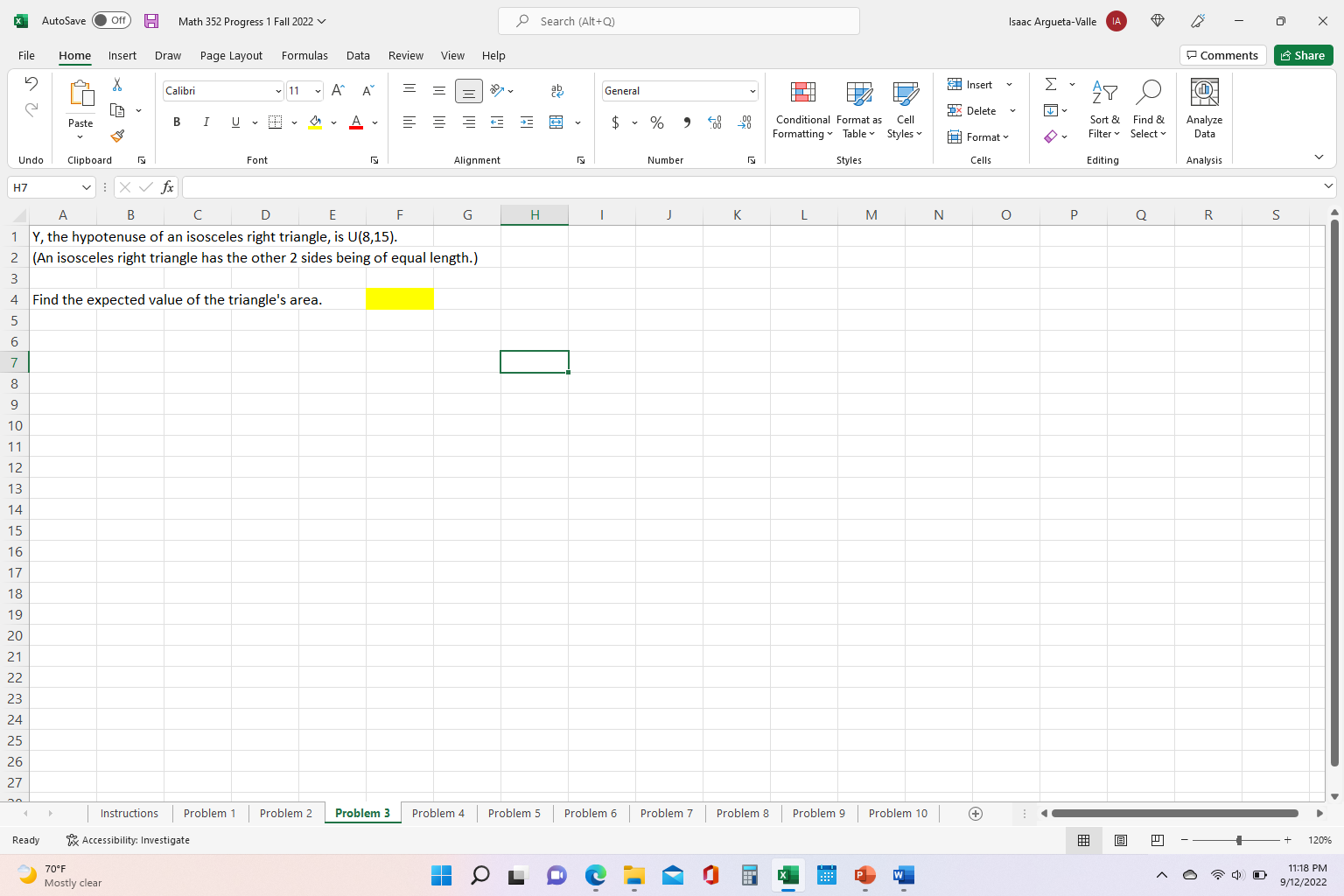 x AutoSave ( Off) Math 352 Progress 1 Fall 2022 Search