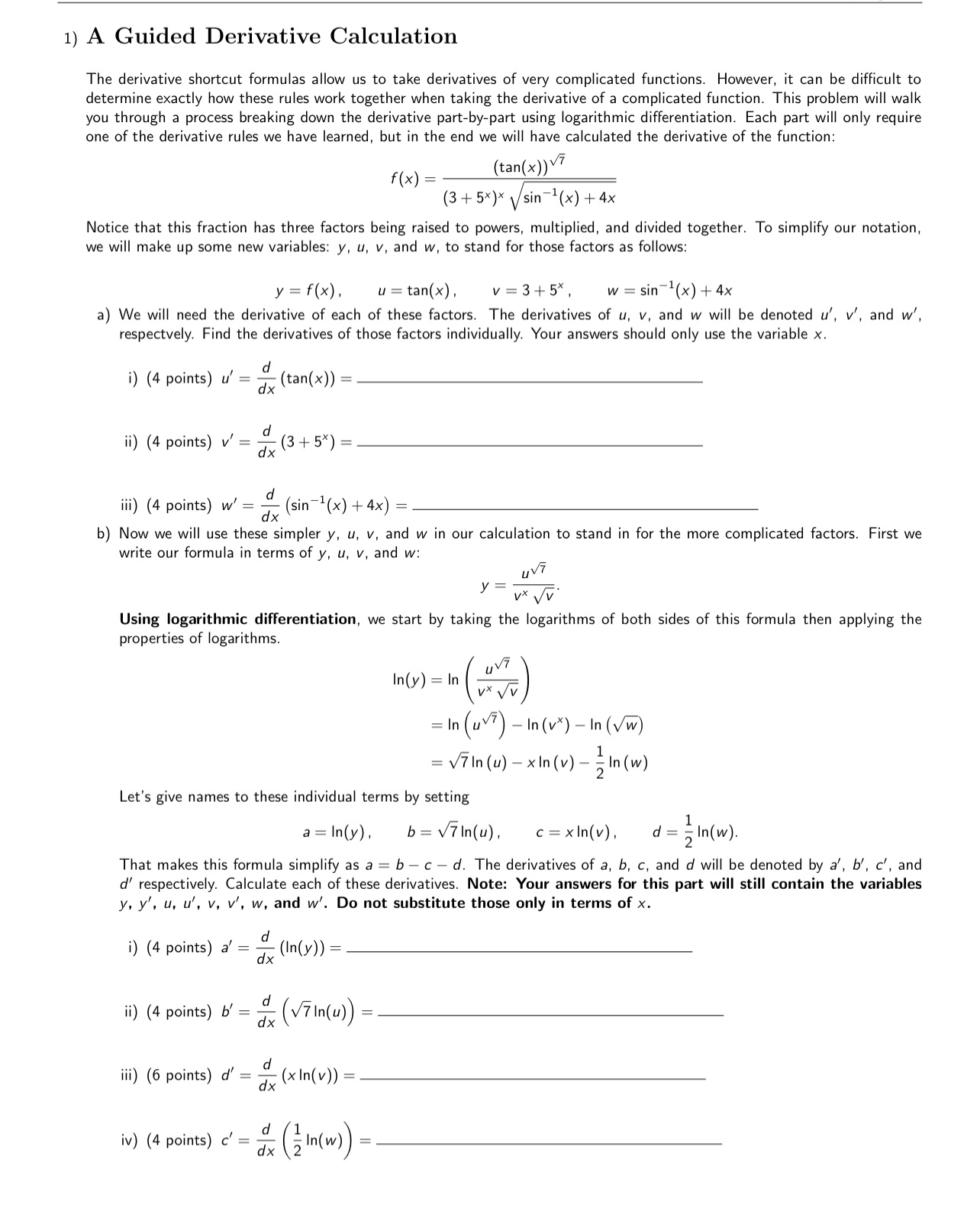 Please solve A-E 1) A Guided Derivative Calculation The derivative shortcut formulas