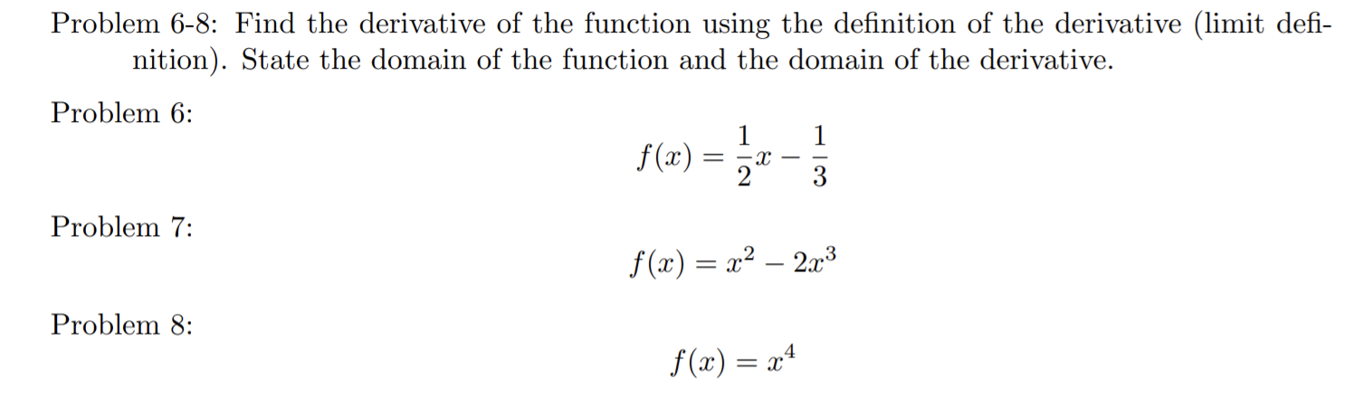 of the derivative (limit defi- nition). State the domain of the function