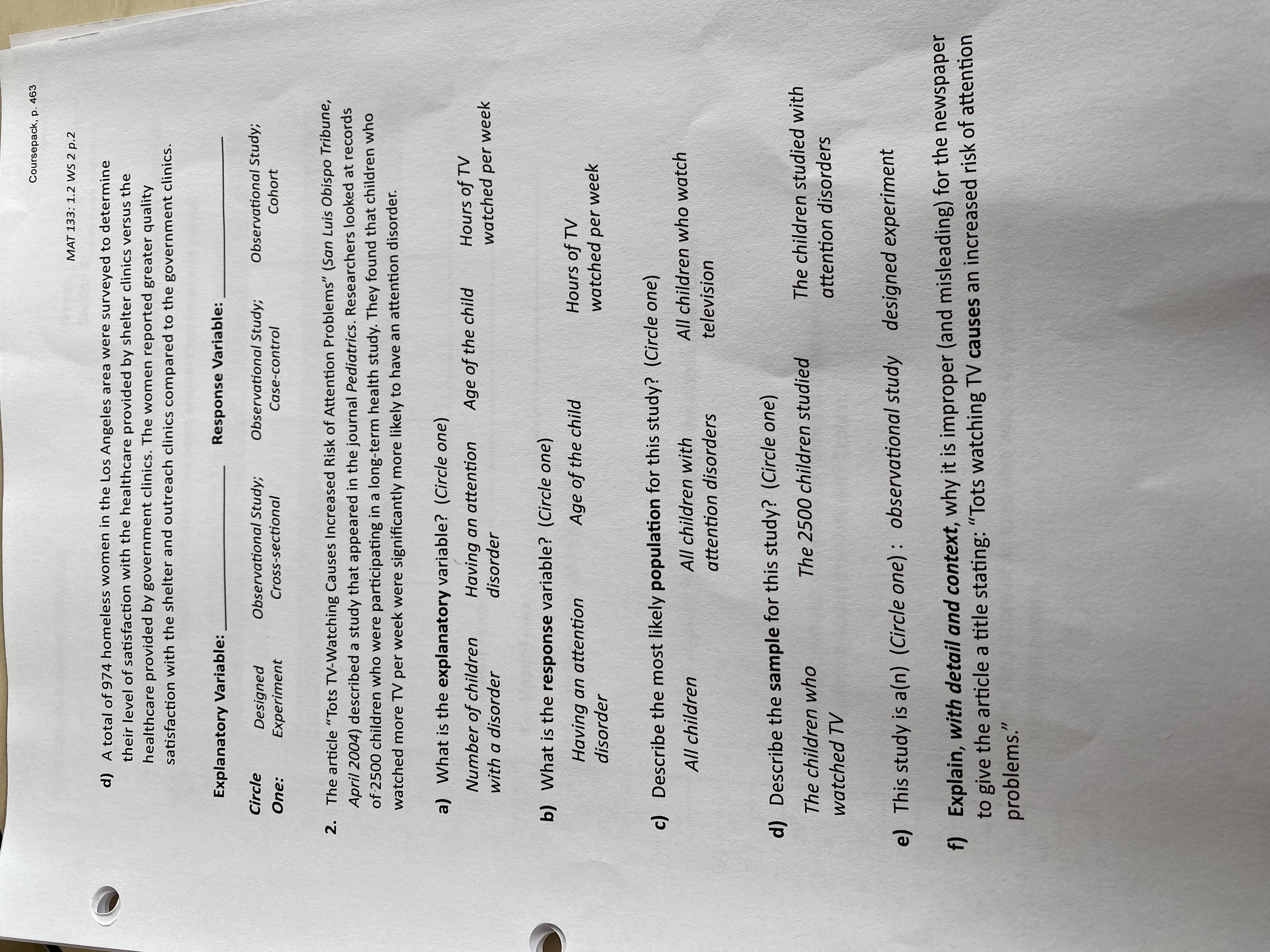 Worksheet #2 Name: Section #: 1.2: Observational Studies vs. Designed Experiments 1.