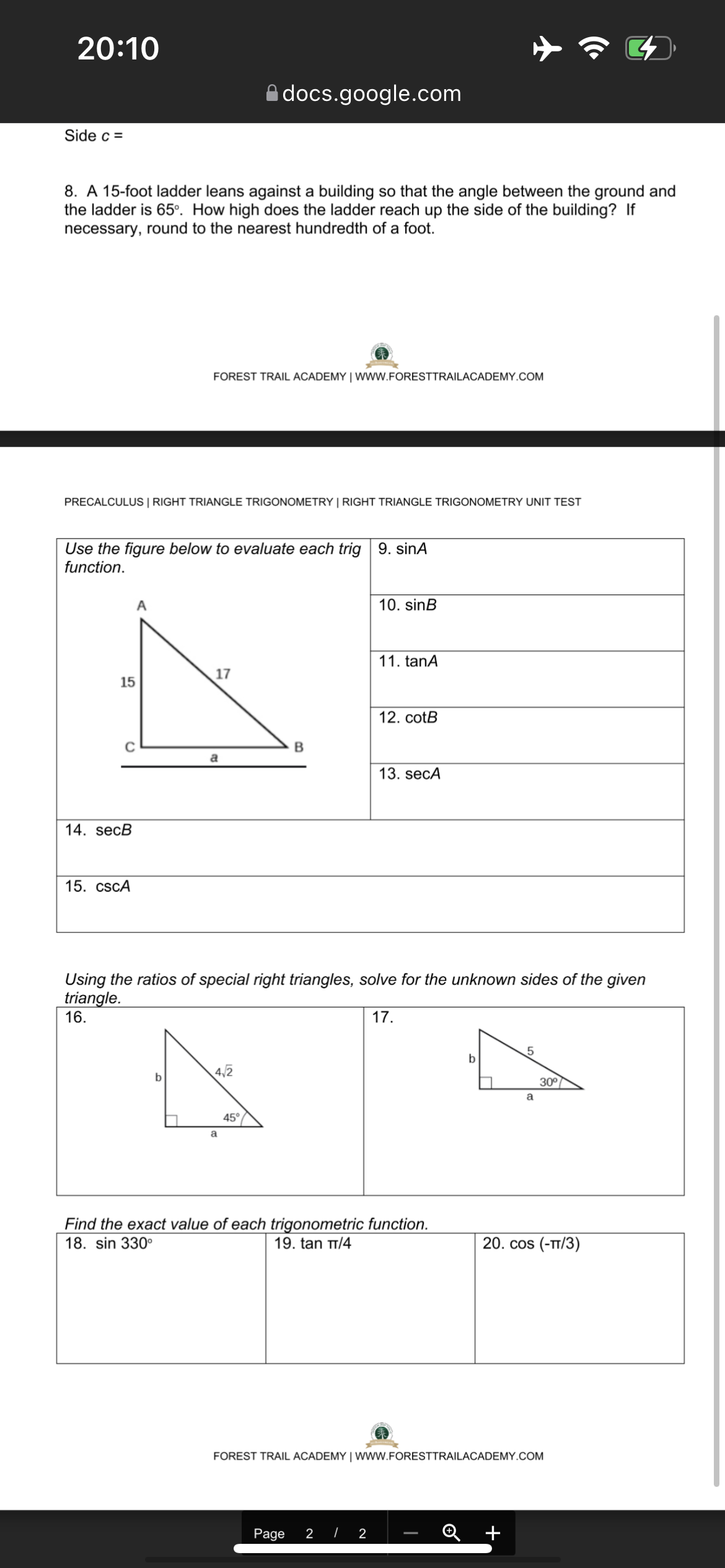  20:10 G docs.google.com Side c = 8. A 15-foot ladder leans