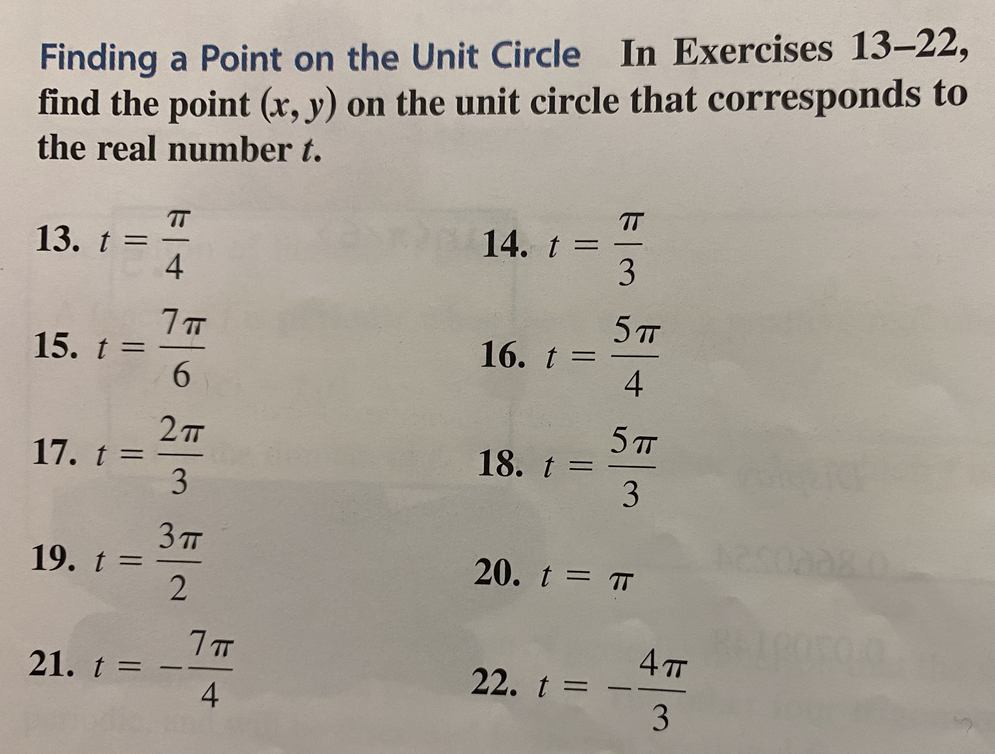  Finding a Point on the Unit Circle In Exercises 13-22, find