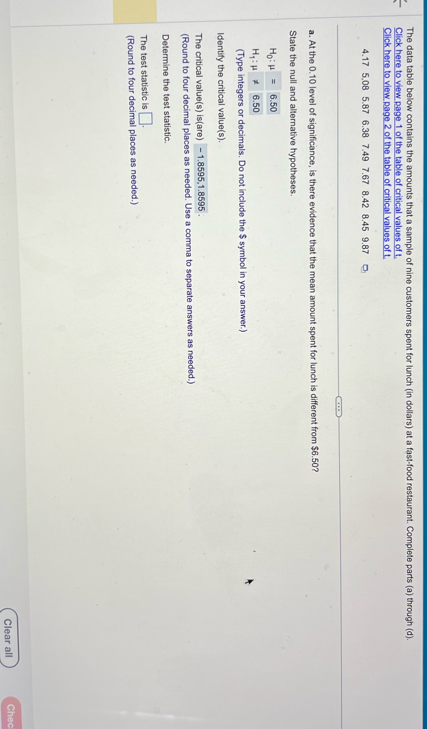 Please find the test statistic The data table below contains the amounts
