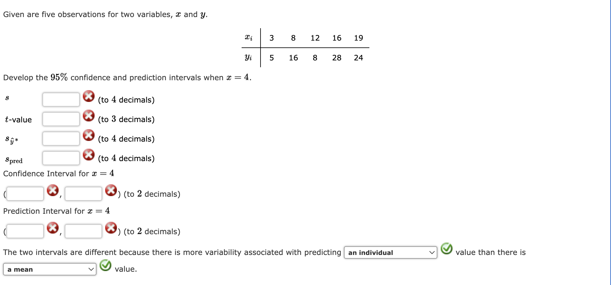 are five observations for two variables, a: and y. Use Table 2