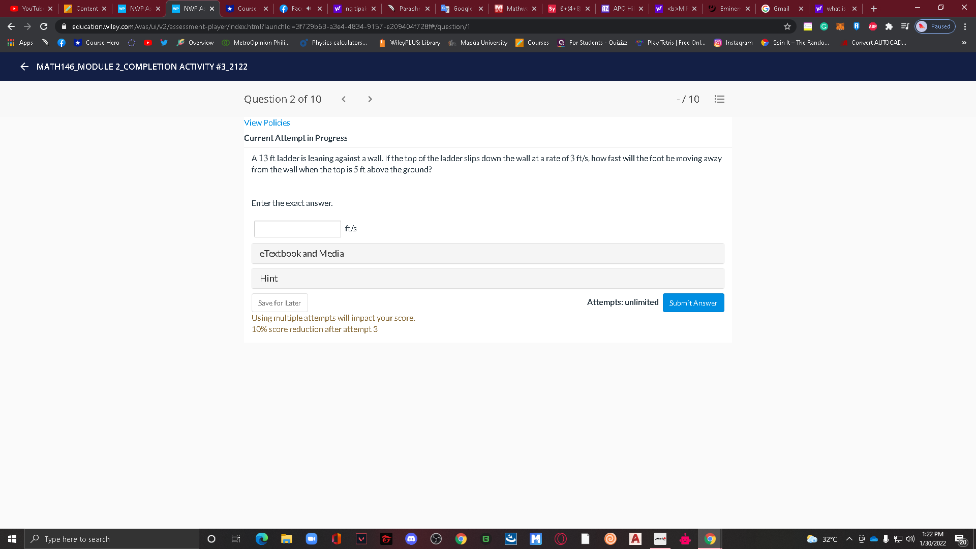 X C education.wiley.com/was/ui/v2/assessment-player/index.html?launchld=3f72963-a3e4-4834-9157-e209404f728f#/question/0 GR AES Paused lli Apps Course Hero ( y