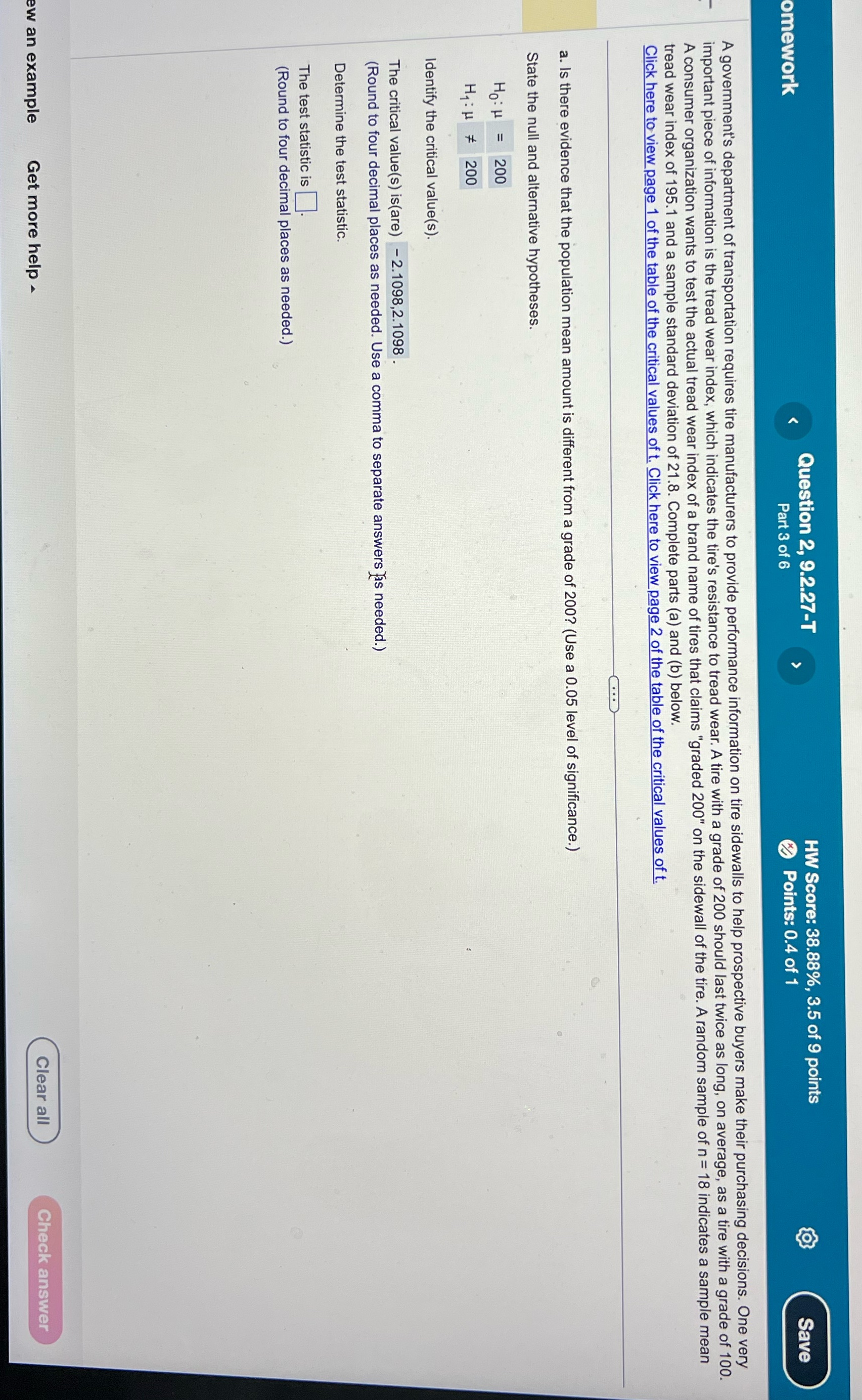Find the test statistic please omework Question 2, 9.2.27-T HW Score: 38.88%,
