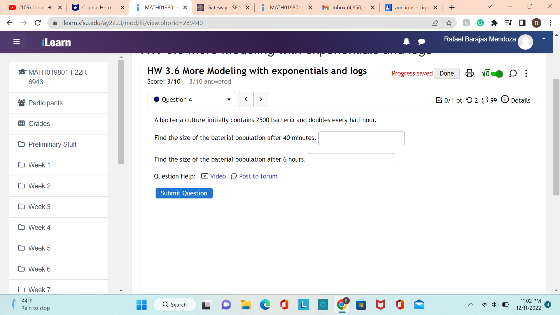 half hour. Find the size of the baterial population after 40 minutes.