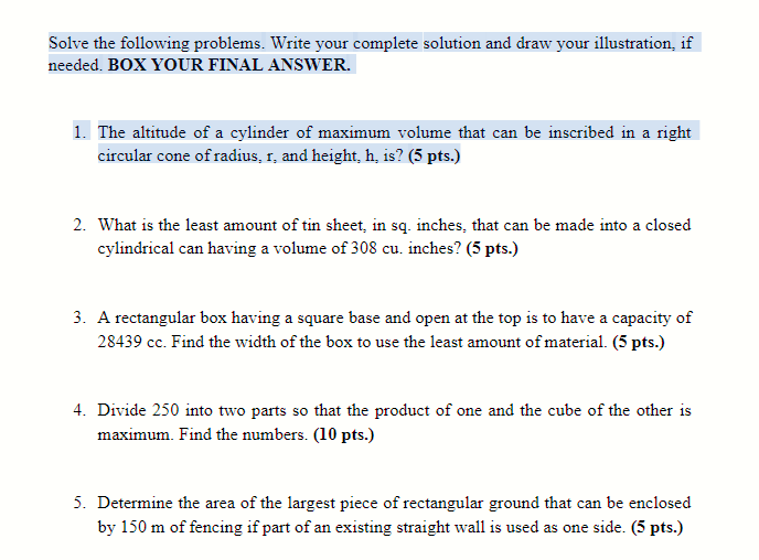 illustration, if needed. BOX YOUR FINAL ANSWER. 1. The altitude of a