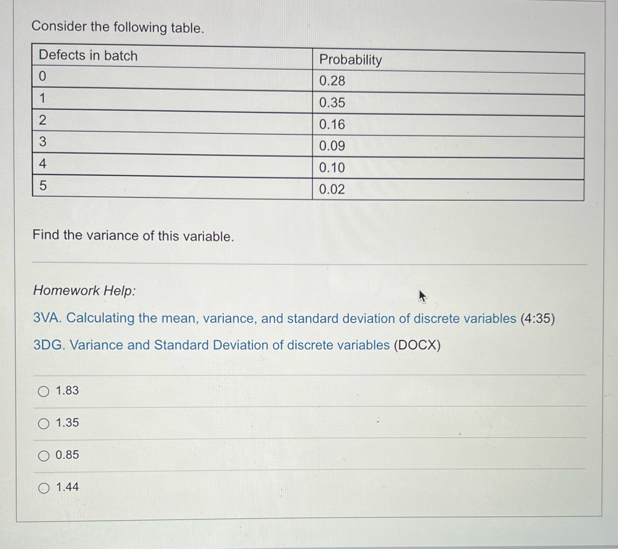  Consider the following table. Defects in batch Probability 0 0.28 1