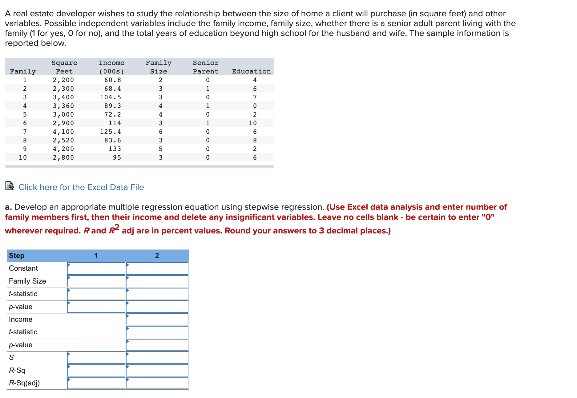 A real estate developer wishes to study the relationship between the