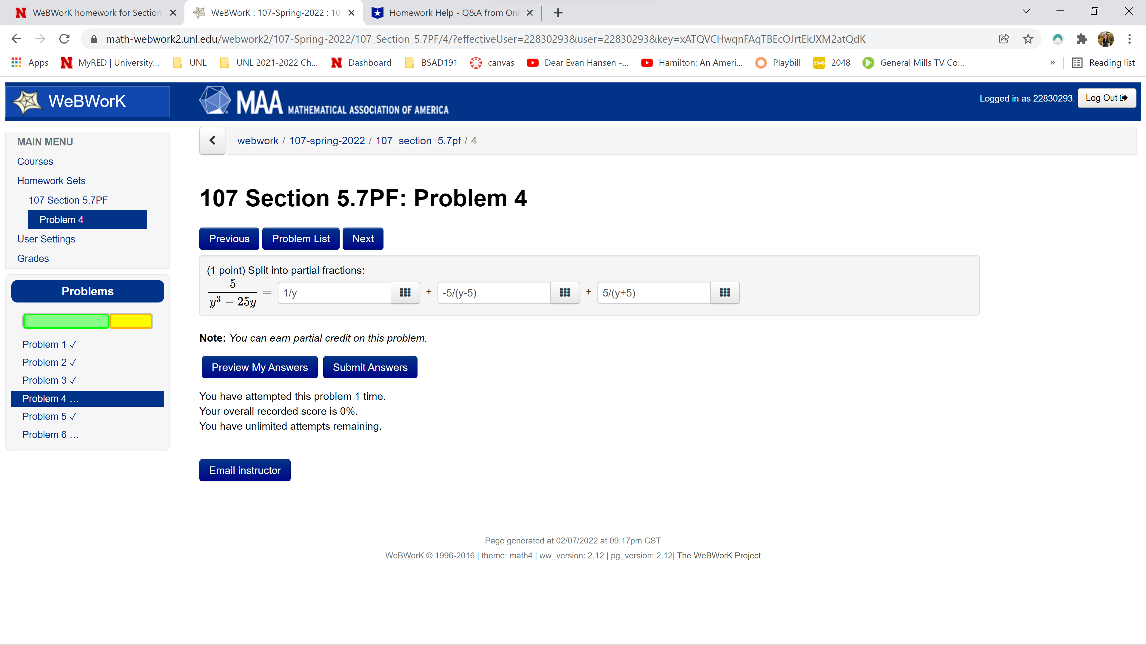  N WeBWork homework for Section X WeBWork : 107-Spring-2022 : 10
