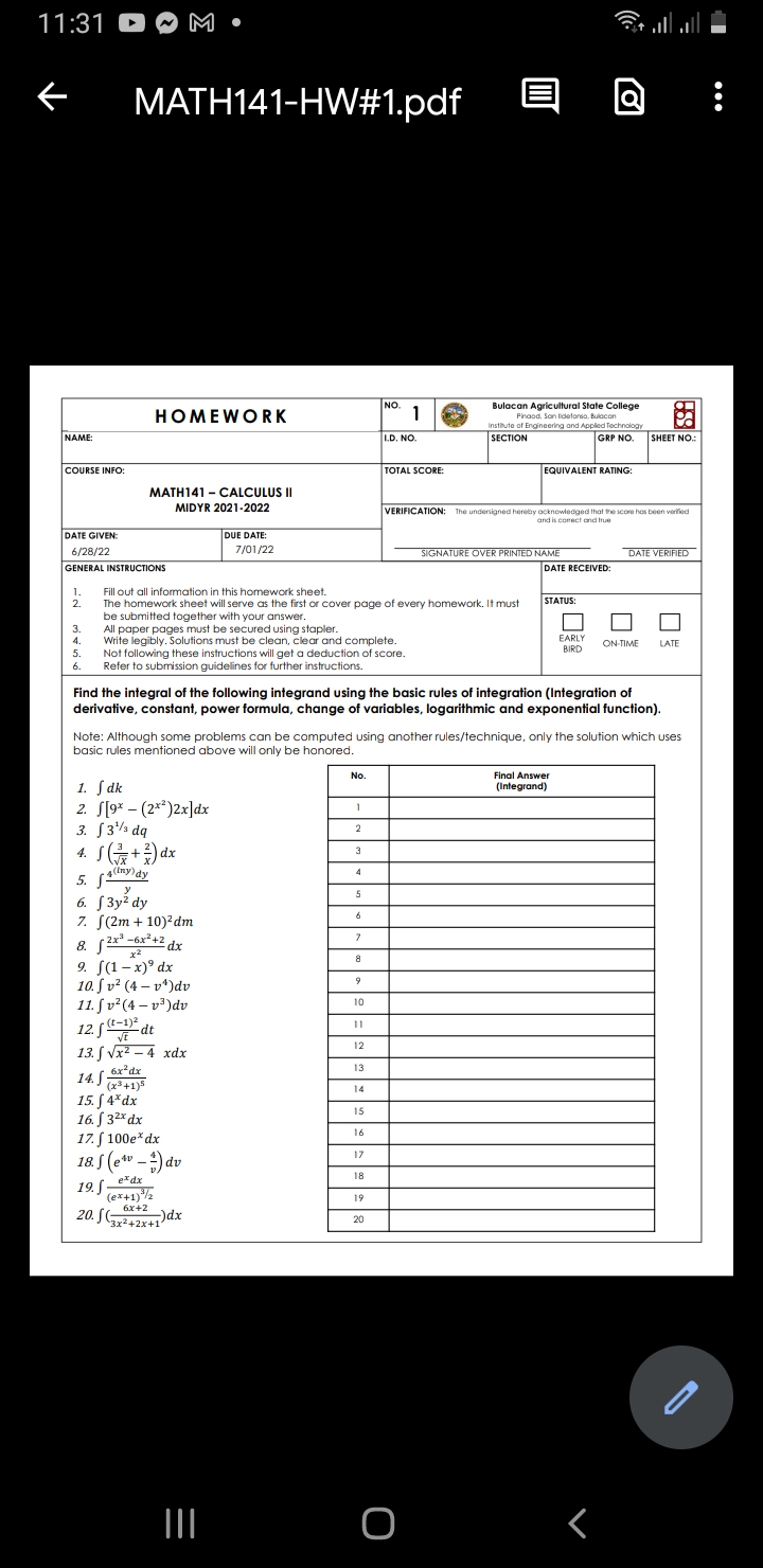 11:31 0 ~ M MATH141-HW#1.pdf a . . . NO. HOMEWORK