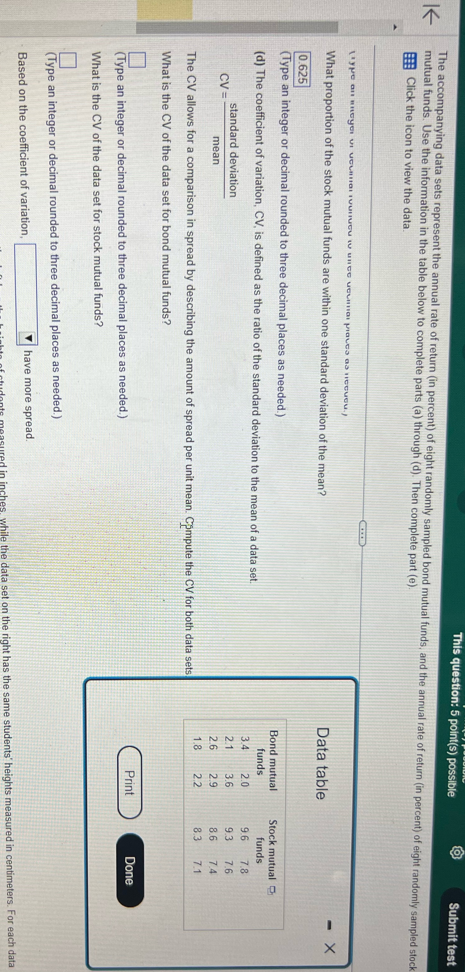 This question: 5 point(s) possible Submit test V The accompanying data