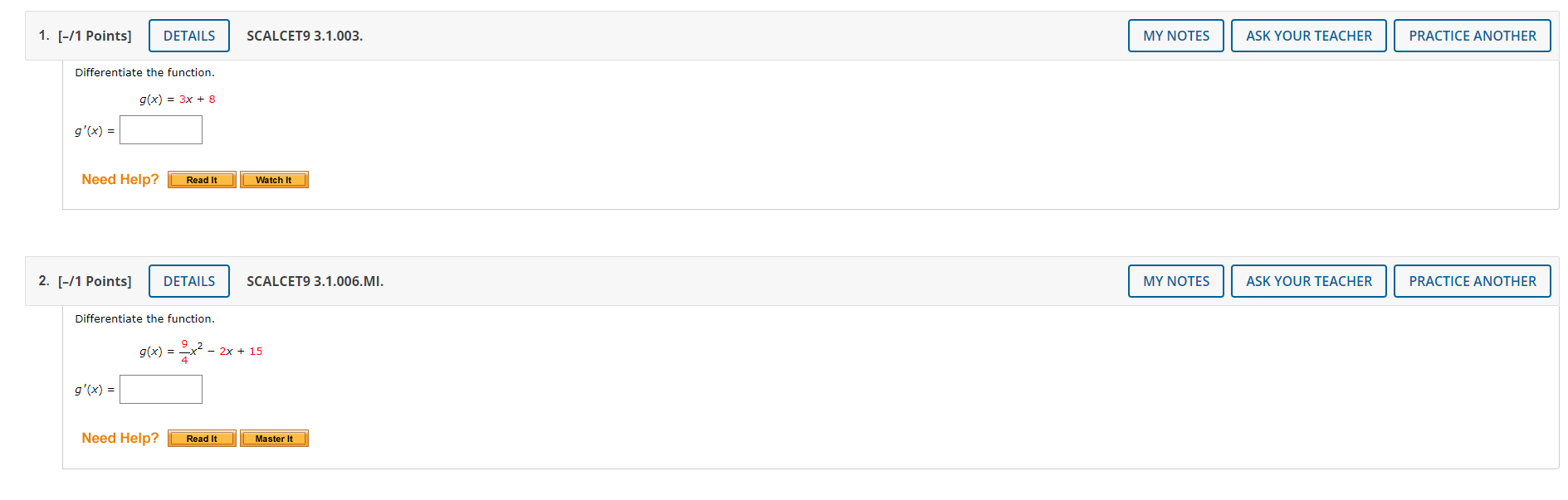 3.1 Homework - Polynomials, Exponential Functions (Homework) 1. [-/1 Points] DETAILS SCALCET9