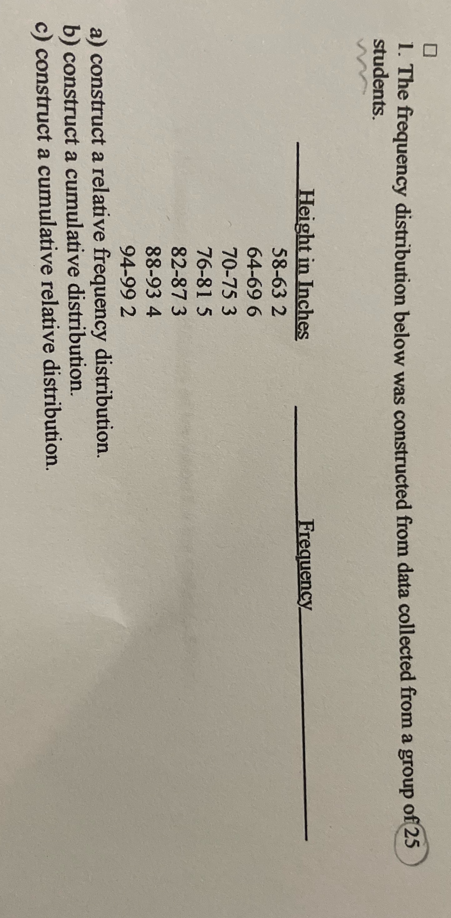  1. The frequency distribution below was constructed from data collected from