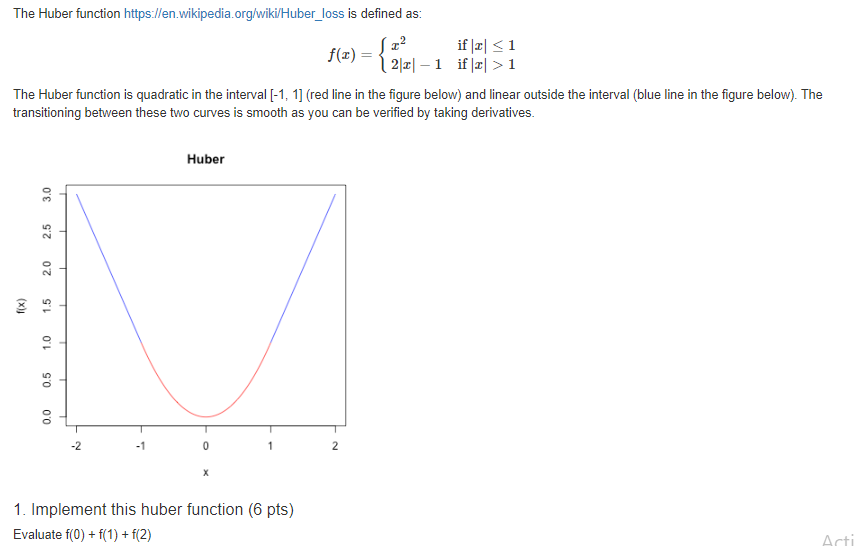 1 The Huber function is quadratic in the interval [-1, 1] (red
