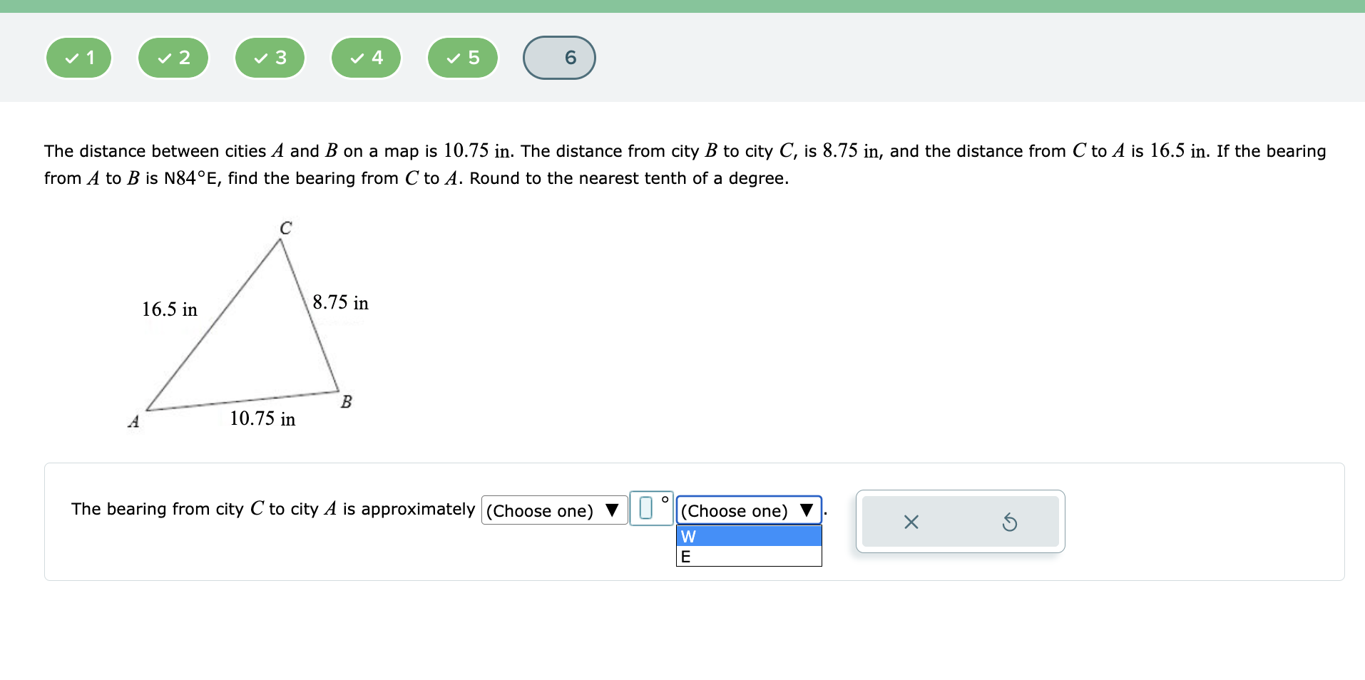 A to B is N840E, find the bearing from C to A.