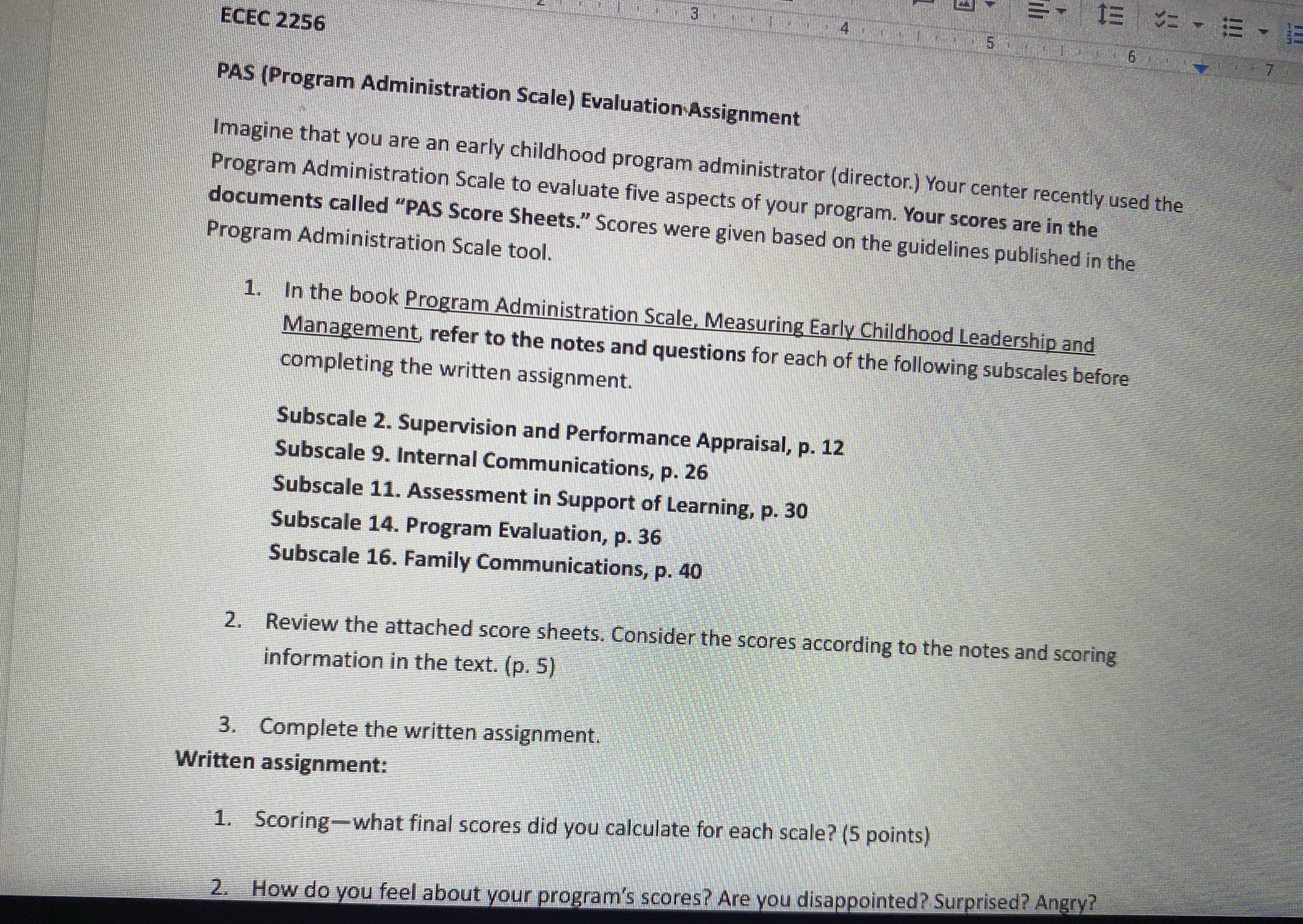  ECEC 2256 PAS (Program Administration Scale) Evaluation Assignment Imagine that you