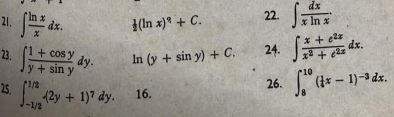 23. 1 + cosy + 1)7dy. I(ln x) g + C. In
