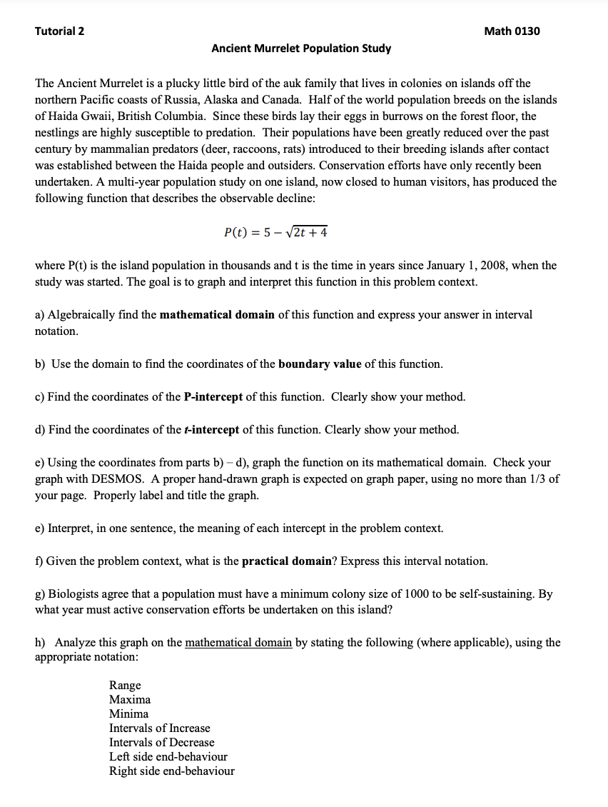  Tutorial 2 Math 0130 Ancient Murrelet Population Study The Ancient Murrelet