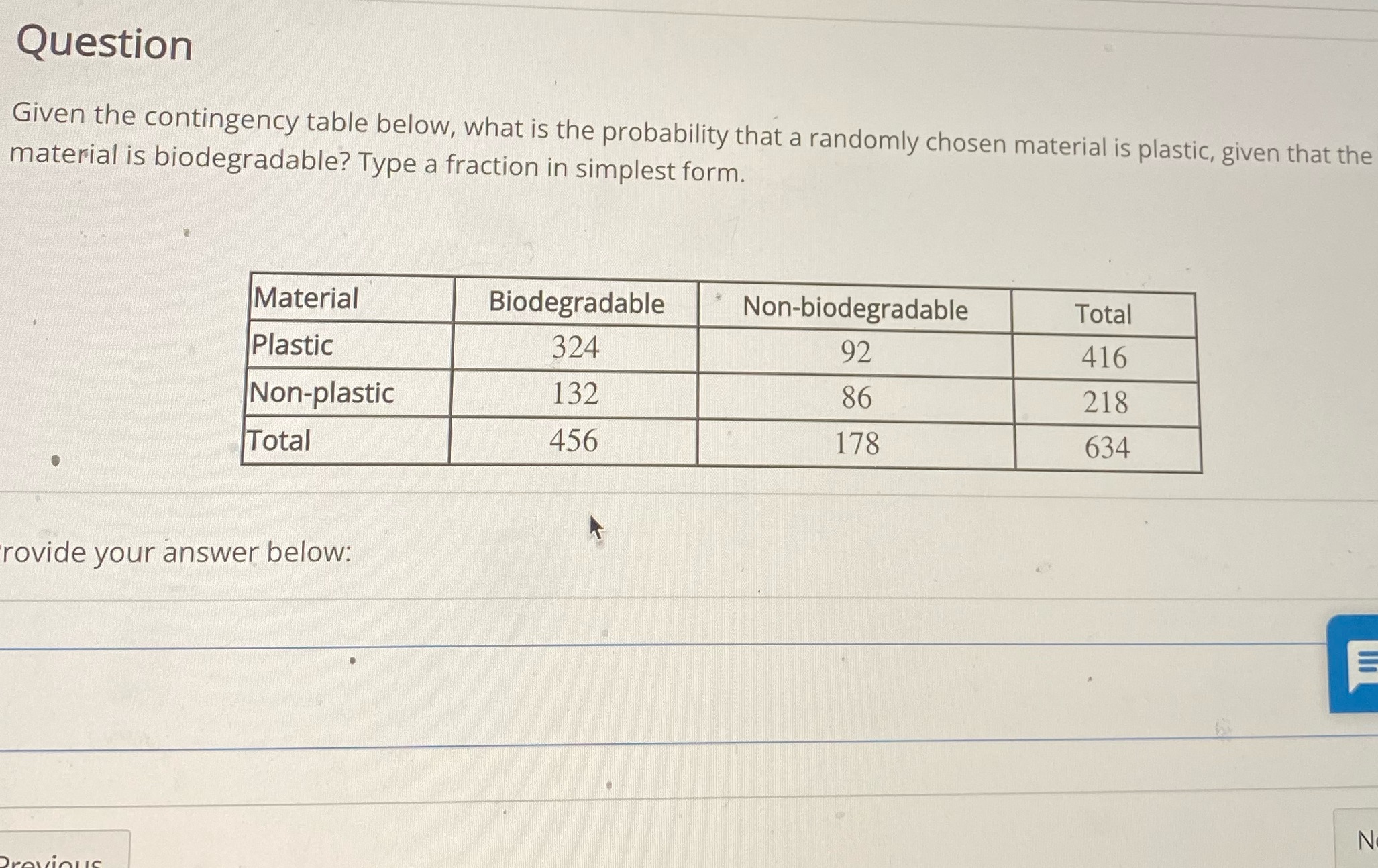 Question Given the contingency table below, what is the probability that