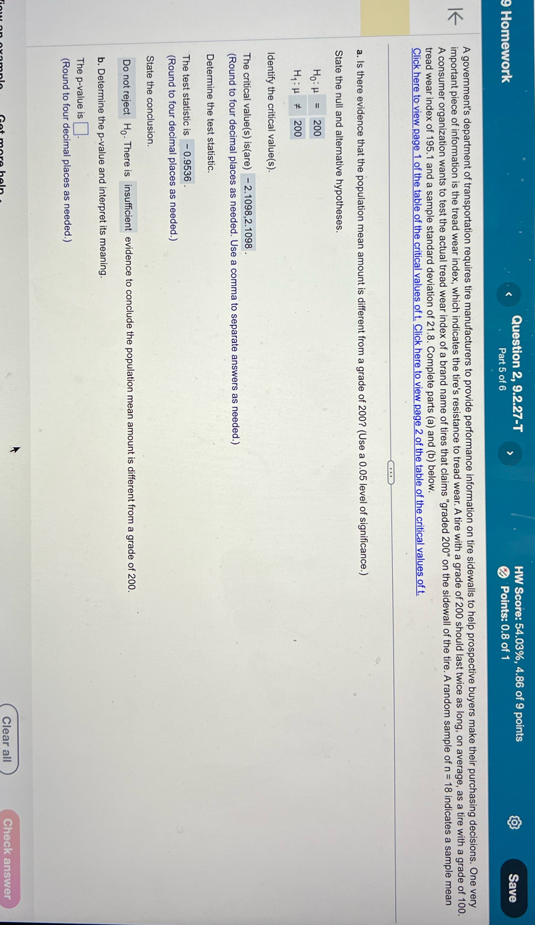 Please the find the p value Homework Question 2, 9.2.27-T HW Score: