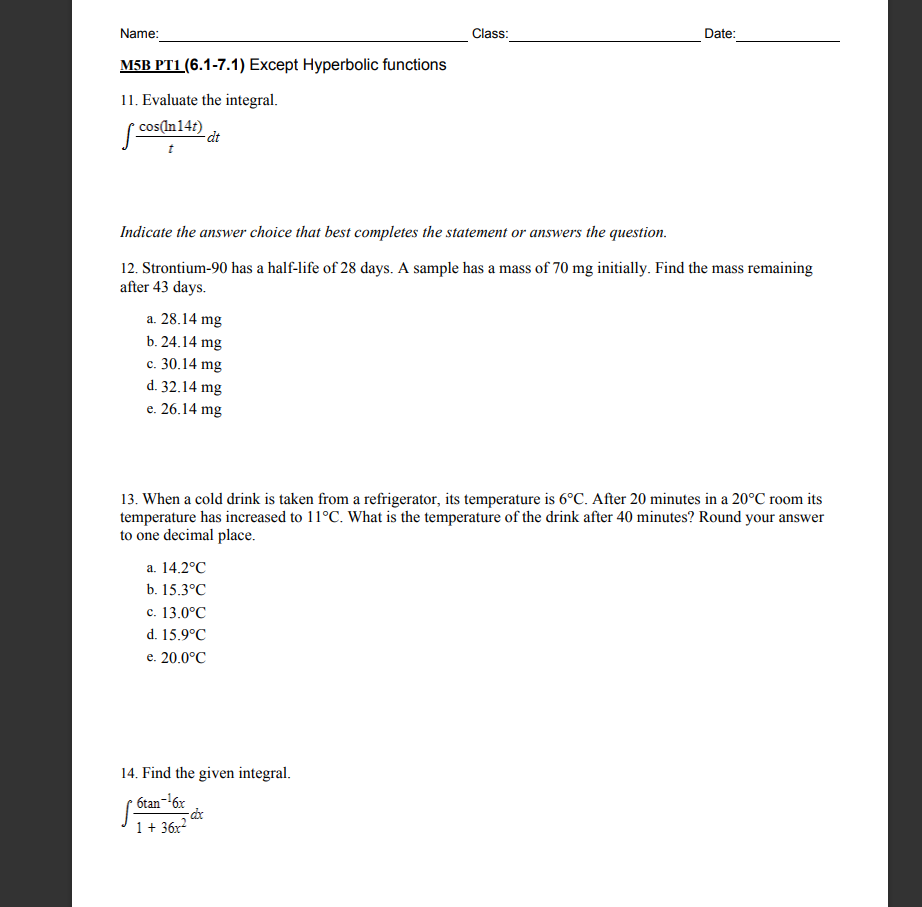  Name: Class: Date: MSB PT] (6.1-1.1) Except Hyperbolic functions l. Evaluate