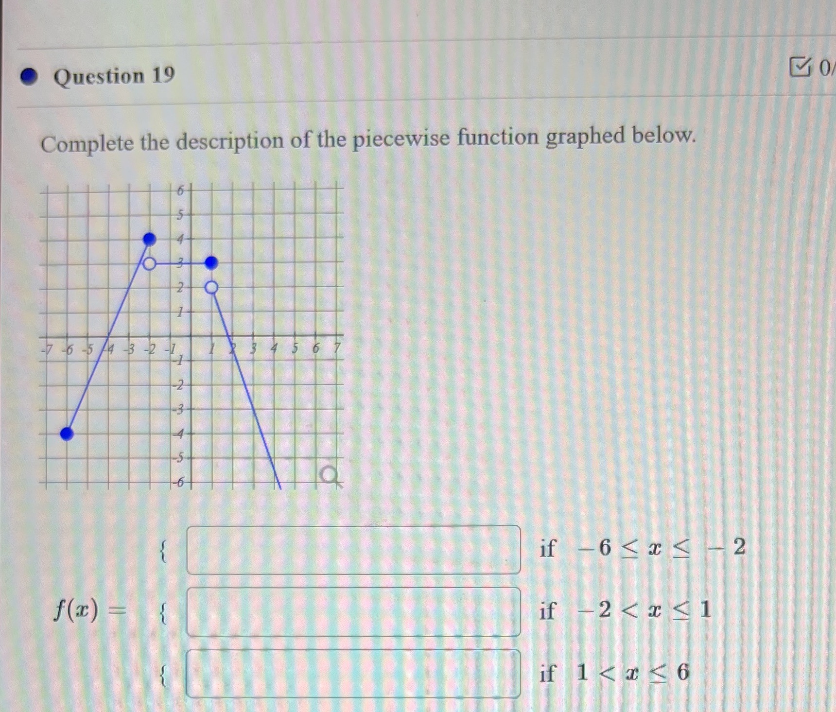  . Question 19 Complete the description of the piecewise function graphed