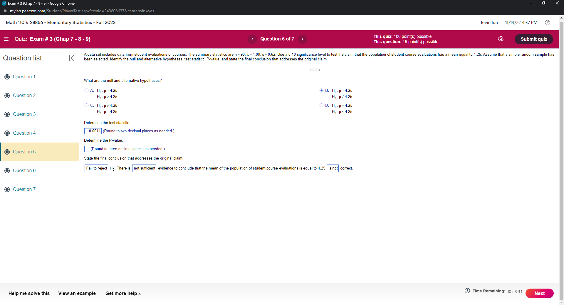Chrome mylab.pearson.com/Student/PlayerTest.aspx?testld=243808637¢erwin=yes Math 110 # 28856 - Elementary Statistics - Fall 2022