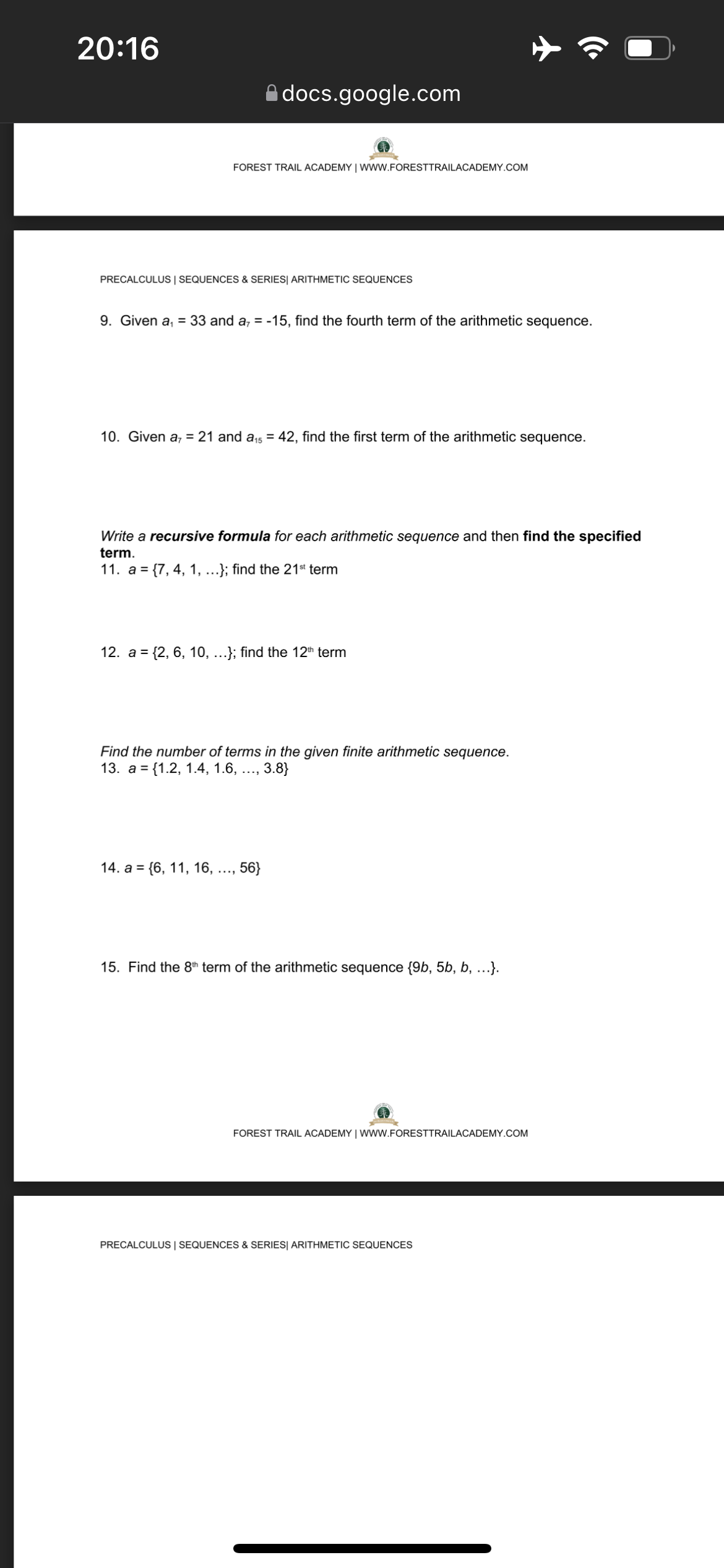 find the fourth term of the arithmetic sequence. 10. Given a, =