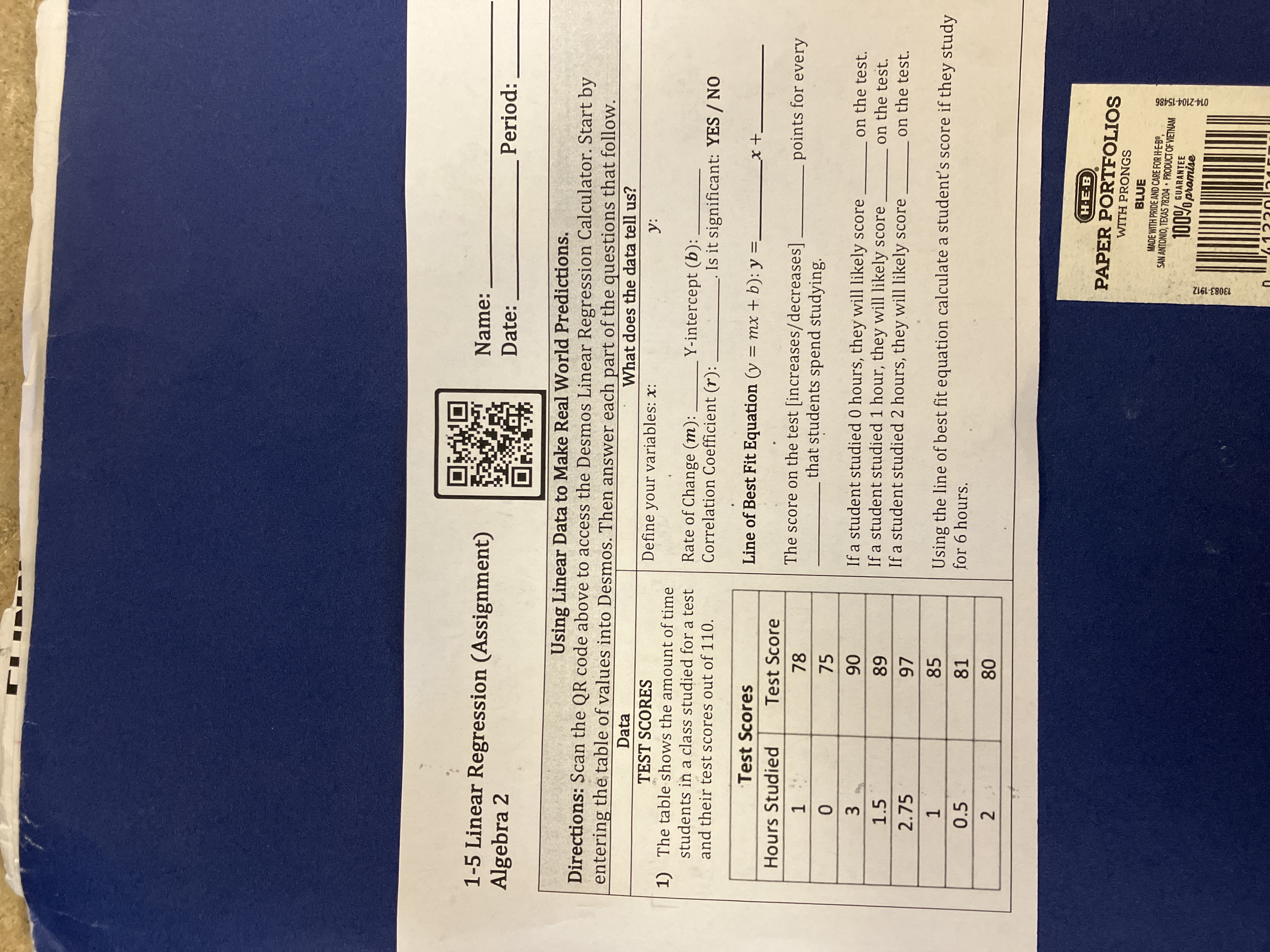  1-5 Linear Regression (Assignment) Name: Algebra 2 Date: Period: Using Linear