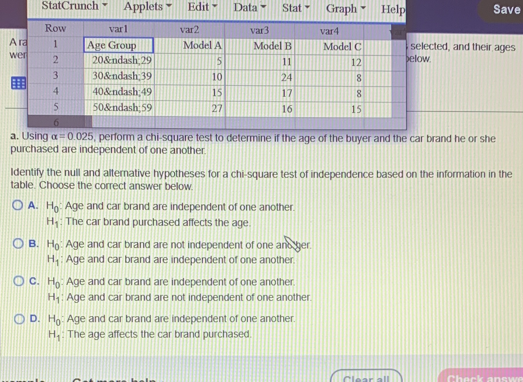  StatCrunch Applets - Edit Data Stat Graph Help Save Row varl