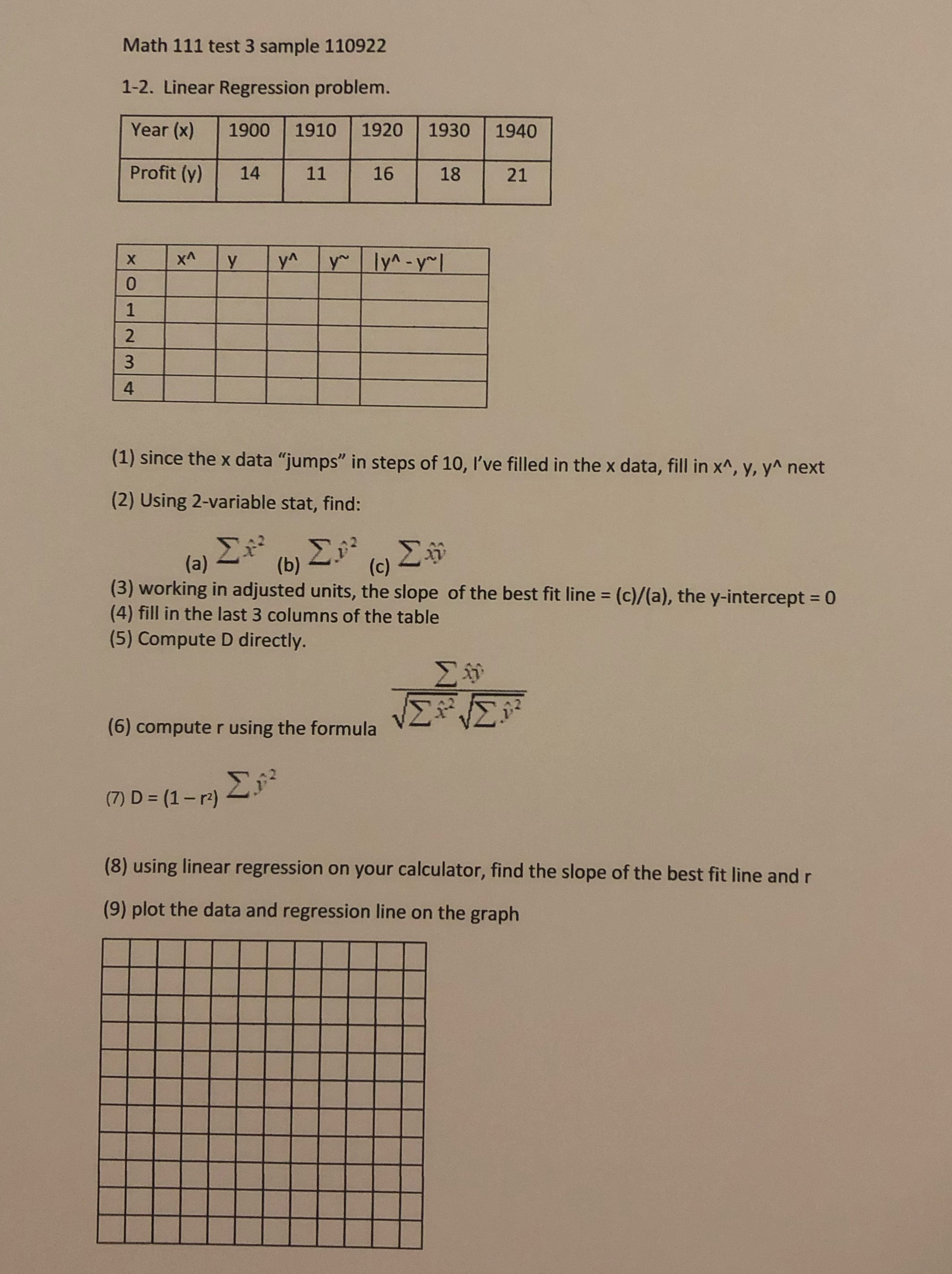 Math 111 test 3 sample 110922 1-2. Linear Regression problem. Year