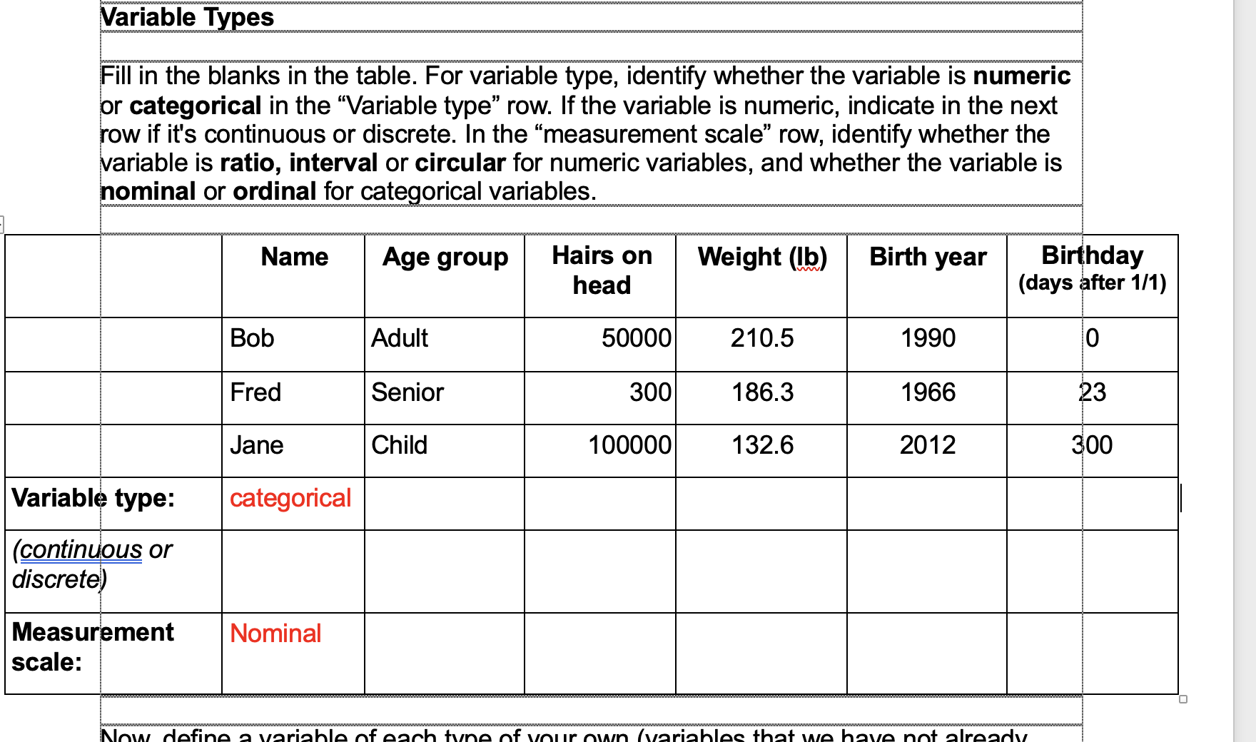  Variable Types Fill in the blanks in the table. For variable