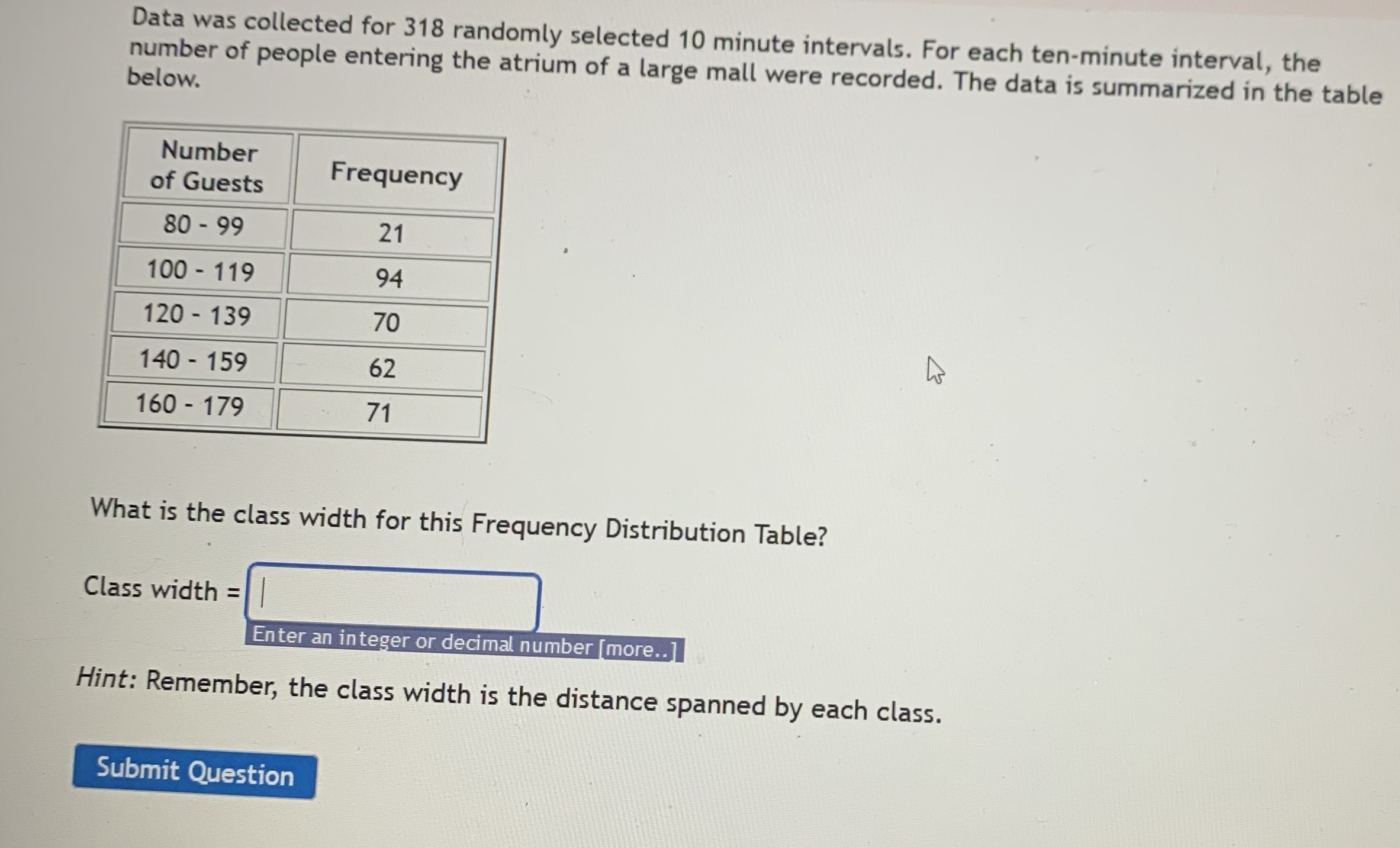  Data was collected for 318 randomly selected 10 minute intervals. For