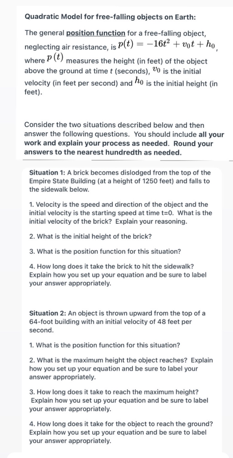  Quadratic Model for free-falling objects on Earth: The general ' '