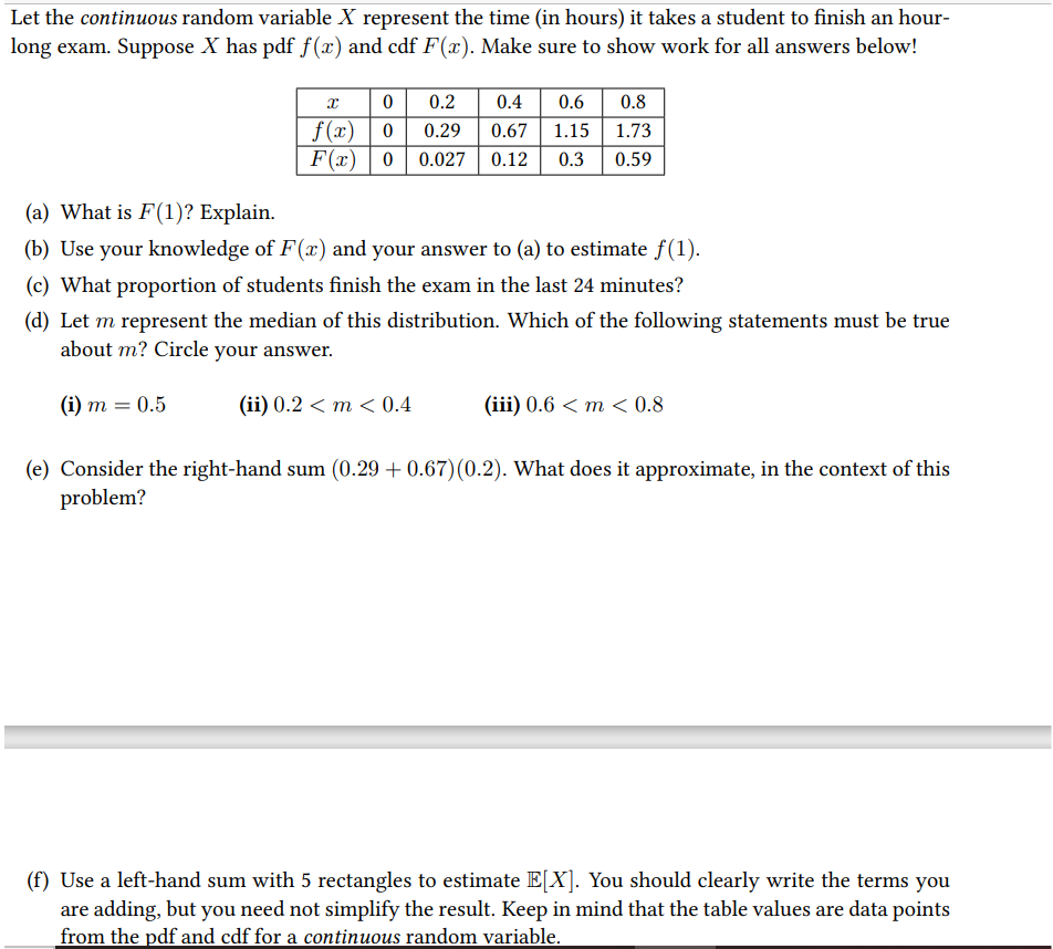  Let the continuous random variable X represent the time (in hours)