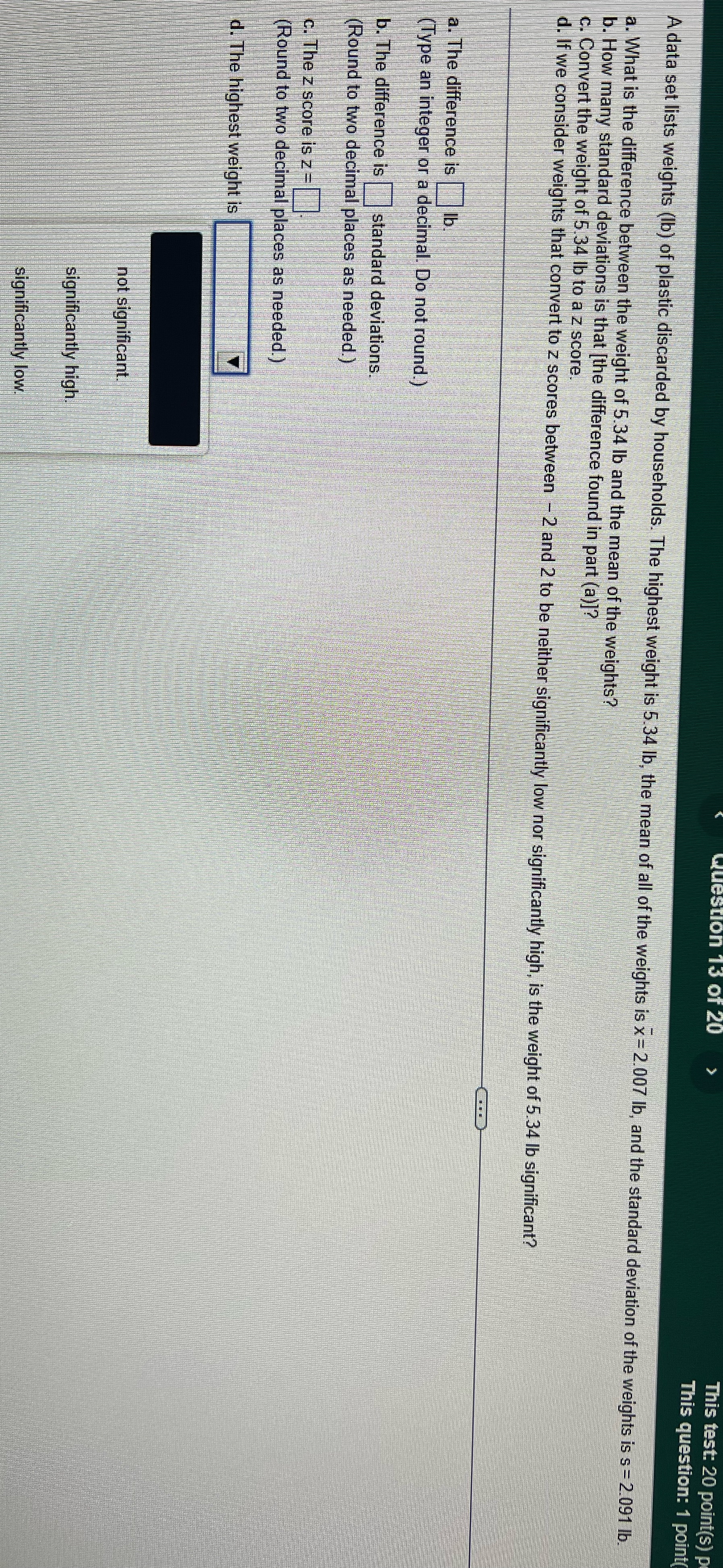 13 This test: 20 point(s) p This question: 1 point A data