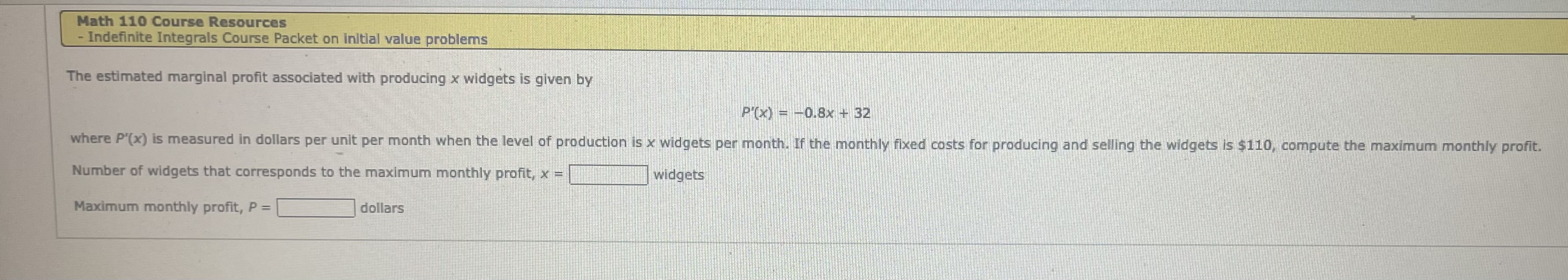  Math 110 Course Resources - Indefinite Integrals Course Packet on initial
